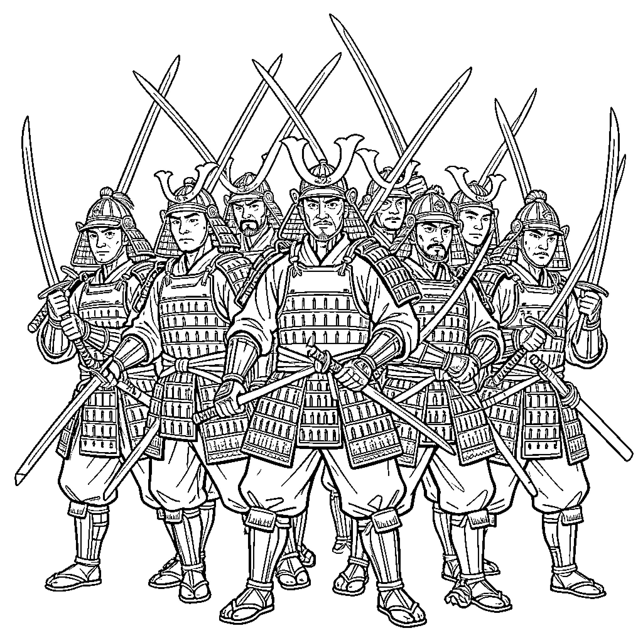 Samurai warriors standing together in traditional armor Coloring Page (free black-and-white line drawing printable PDF for all, from beginners to advanced learners, including children, teens, adults, and seniors)