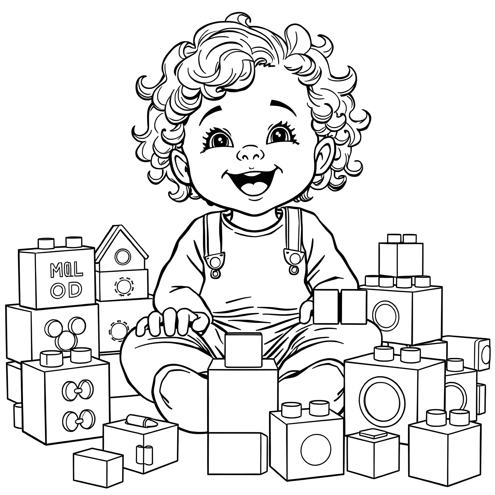 Toddler playing happily with building blocks Coloring Page (free black-and-white line drawing printable PDF for all, from beginners to advanced learners, including children, teens, adults, and seniors)