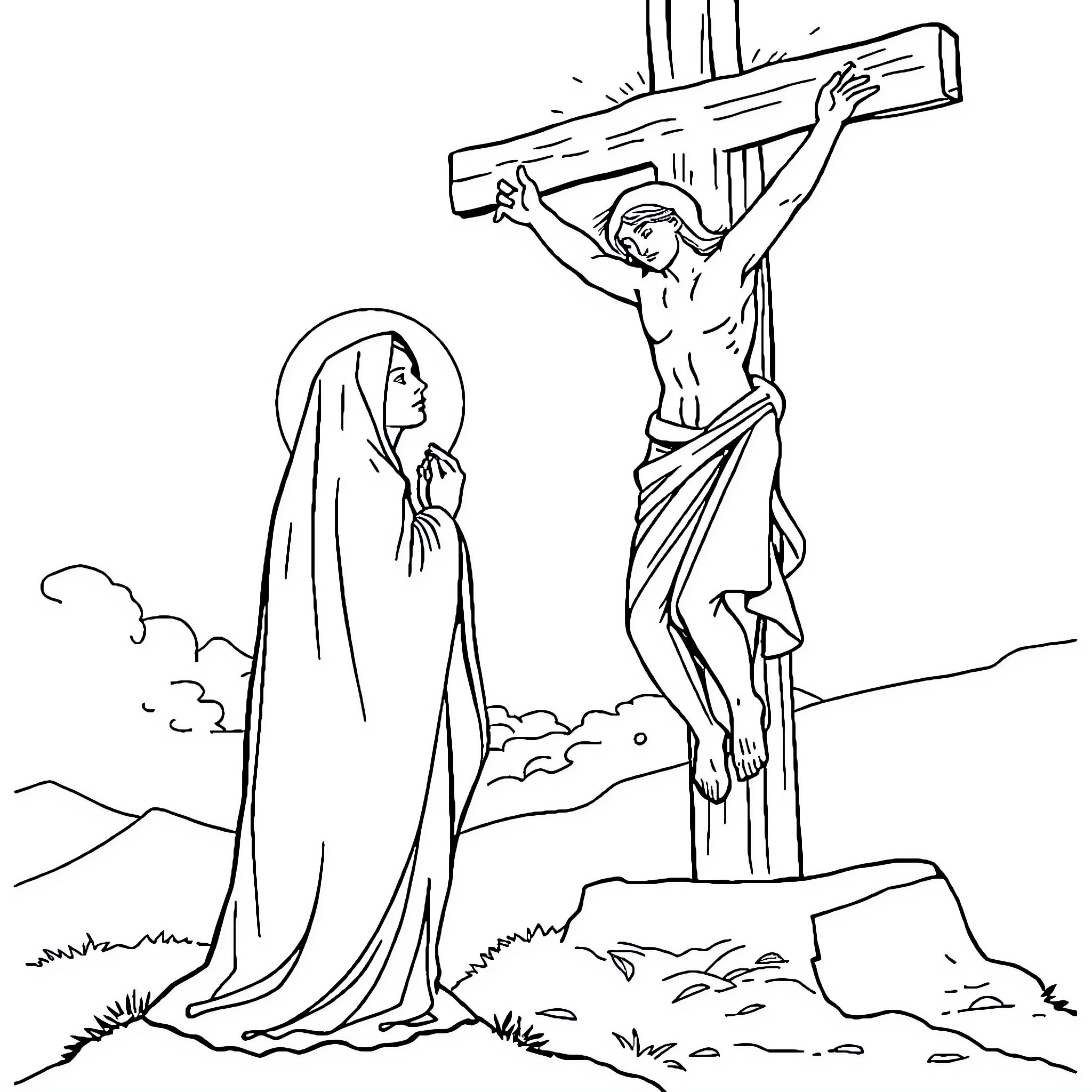 Virgin Mary observing the Crucifixion of Jesus Coloring Page (free black-and-white line drawing printable PDF for all, from beginners to advanced learners, including children, teens, adults, and seniors)