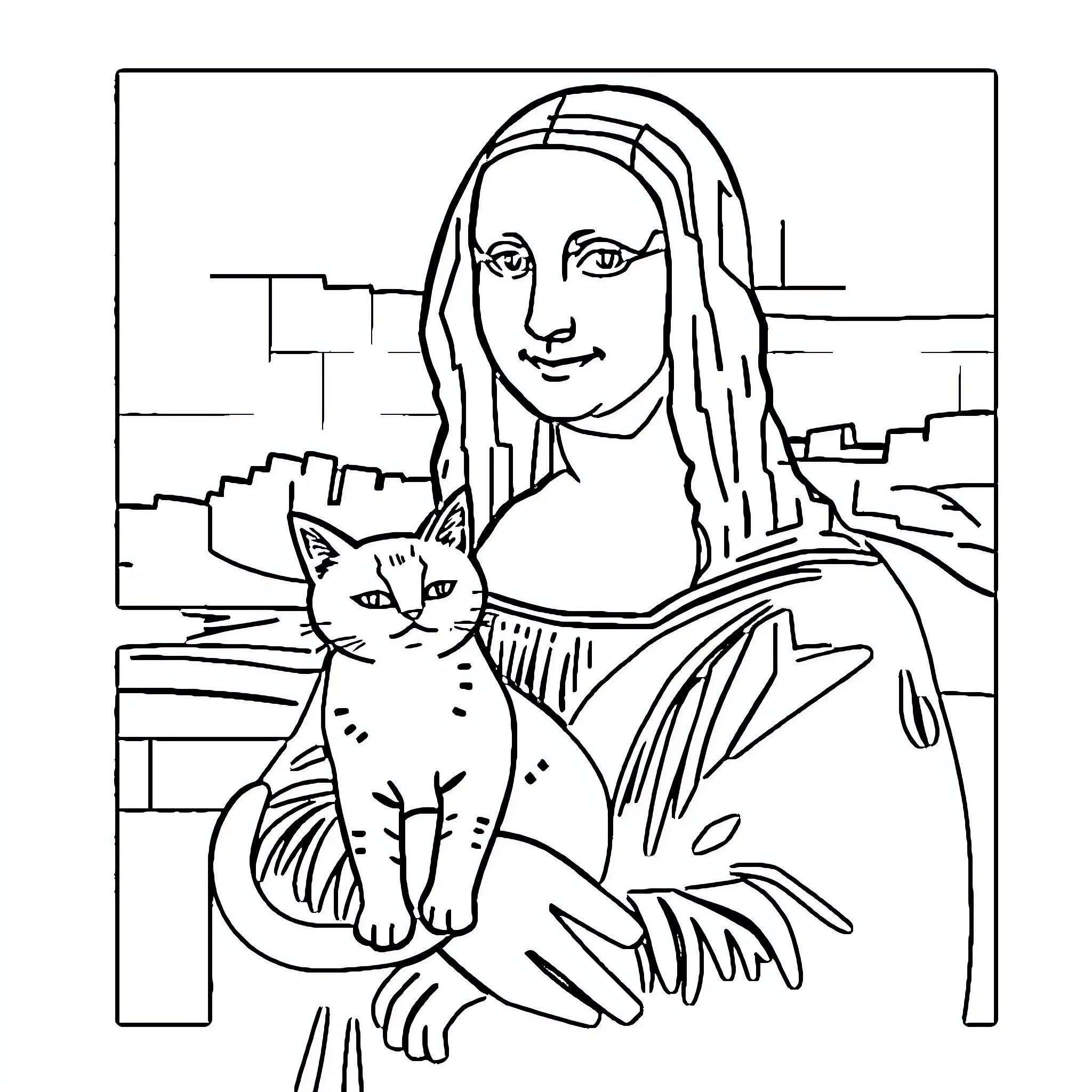 Mona Lisa holding a playful cat Coloring Page (free black-and-white line drawing printable PDF for all, from beginners to advanced learners, including children, teens, adults, and seniors)