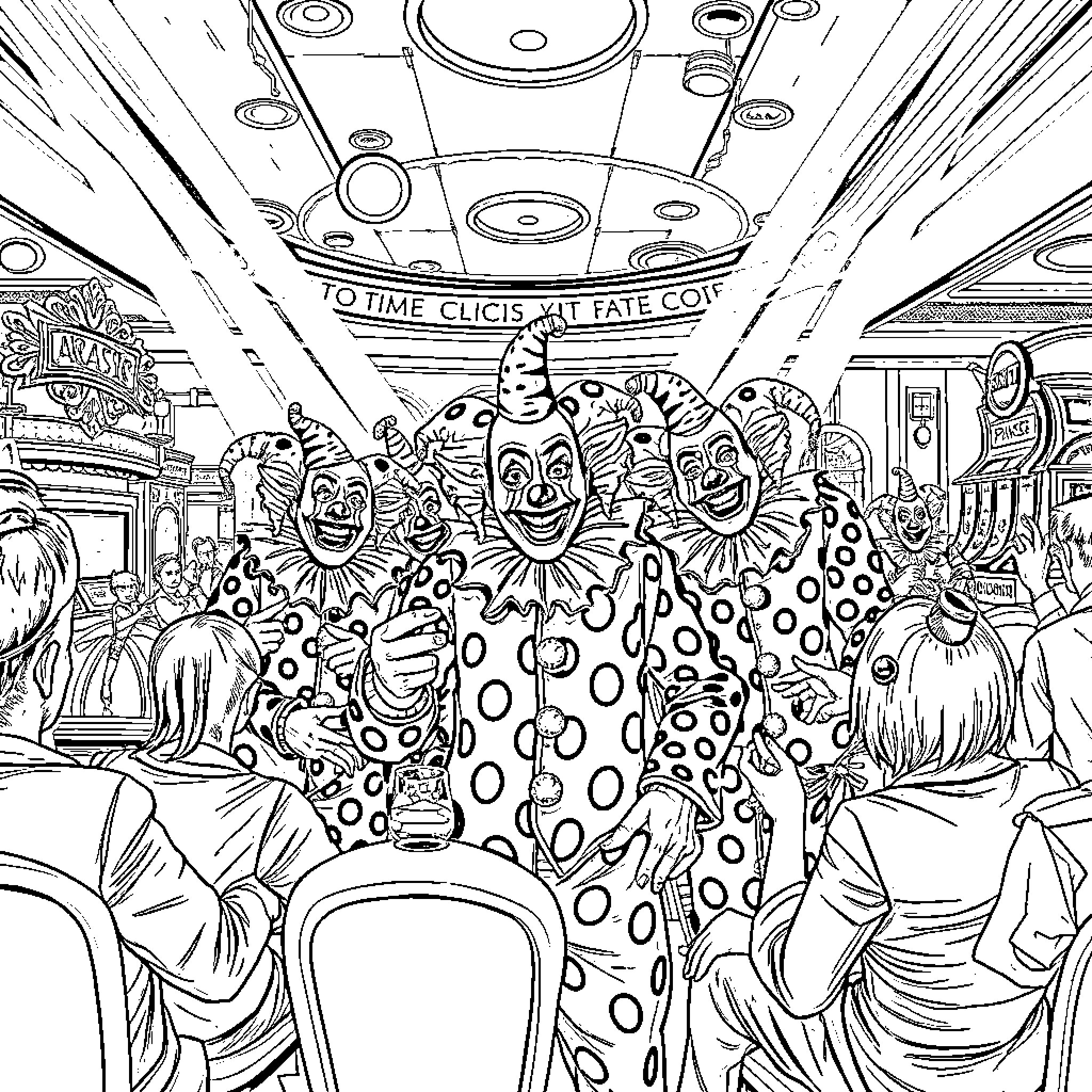 Clown spectacle in a surreal carnival setting Coloring Page (free black-and-white line drawing printable PDF for all, from beginners to advanced learners, including children, teens, adults, and seniors)