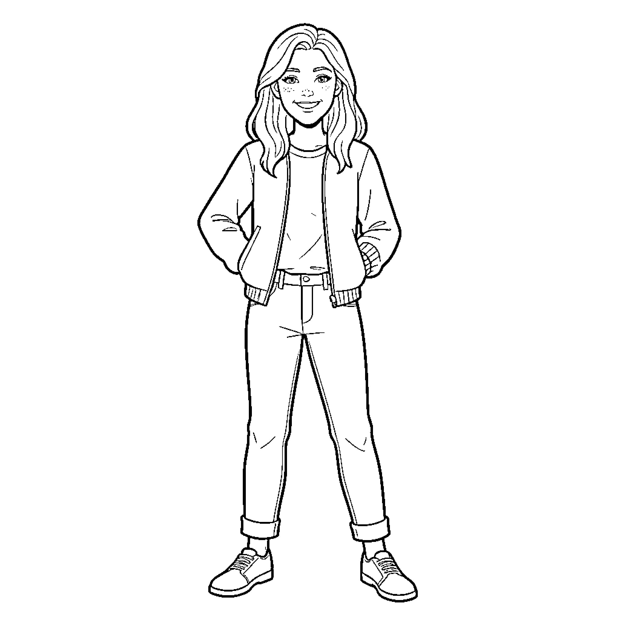 Kith J Whitley smiling while standing in casual attire Coloring Page (free black-and-white line drawing printable PDF for all, from beginners to advanced learners, including children, teens, adults, and seniors)