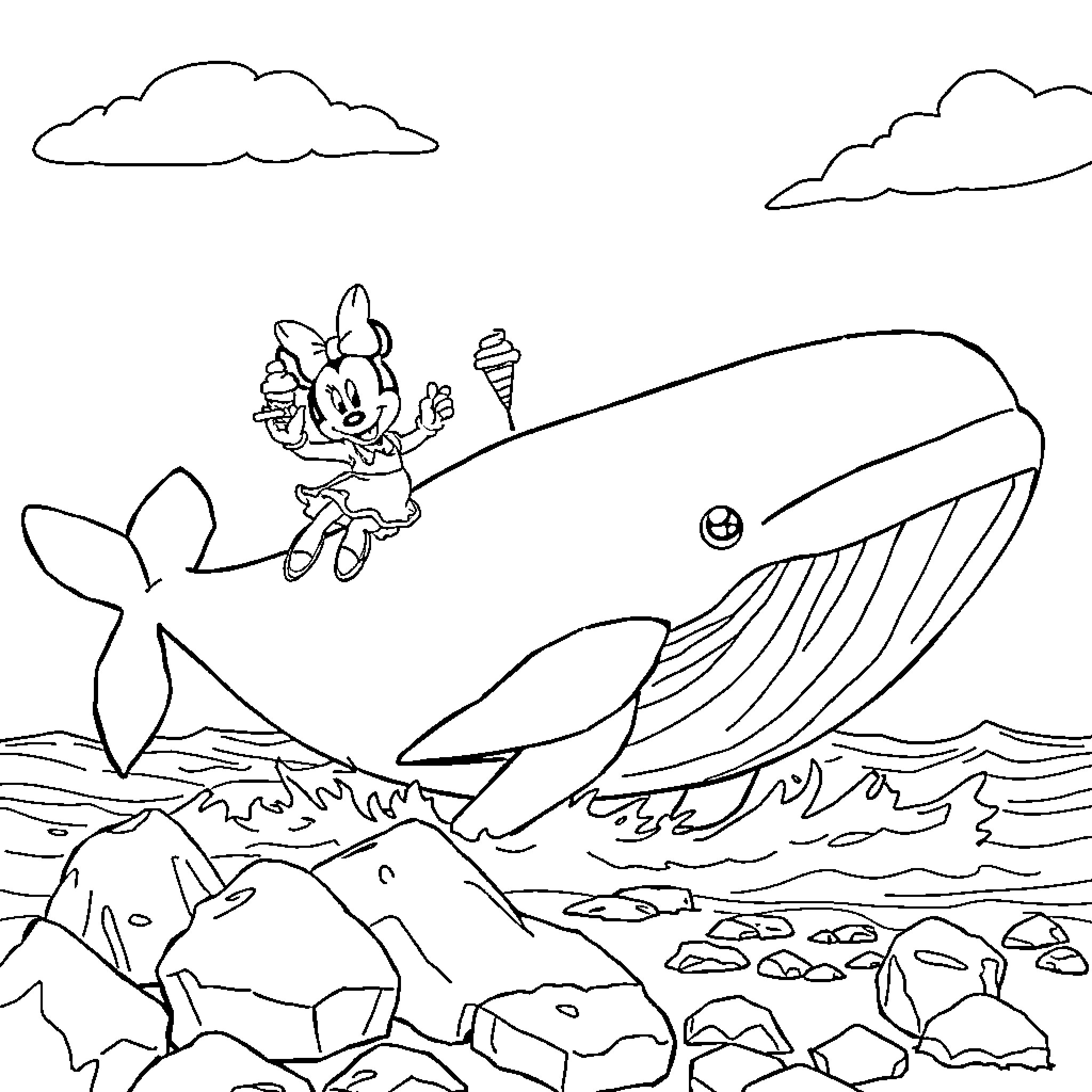 Barbapapa rides a friendly whale in the ocean Coloring Page (free black-and-white line drawing printable PDF for all, from beginners to advanced learners, including children, teens, adults, and seniors)