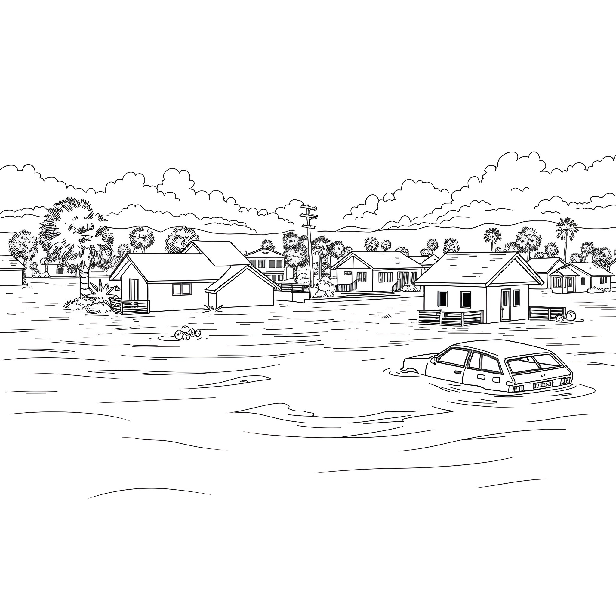 House with boats and vehicles in flooded area Coloring Page (free black-and-white line drawing printable PDF for all, from beginners to advanced learners, including children, teens, adults, and seniors)