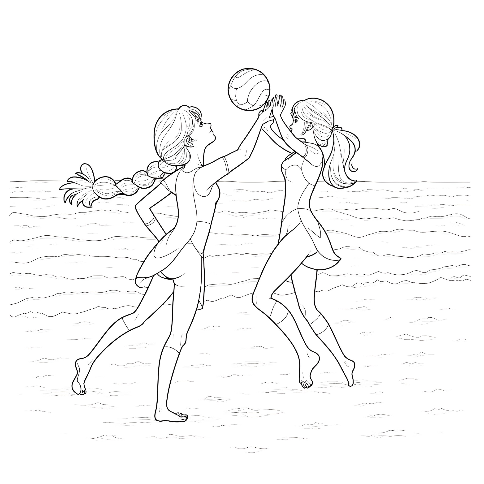 Elsa and Anna playing volleyball in the beach Coloring Page (free black-and-white line drawing printable PDF for all, from beginners to advanced learners, including children, teens, adults, and seniors)