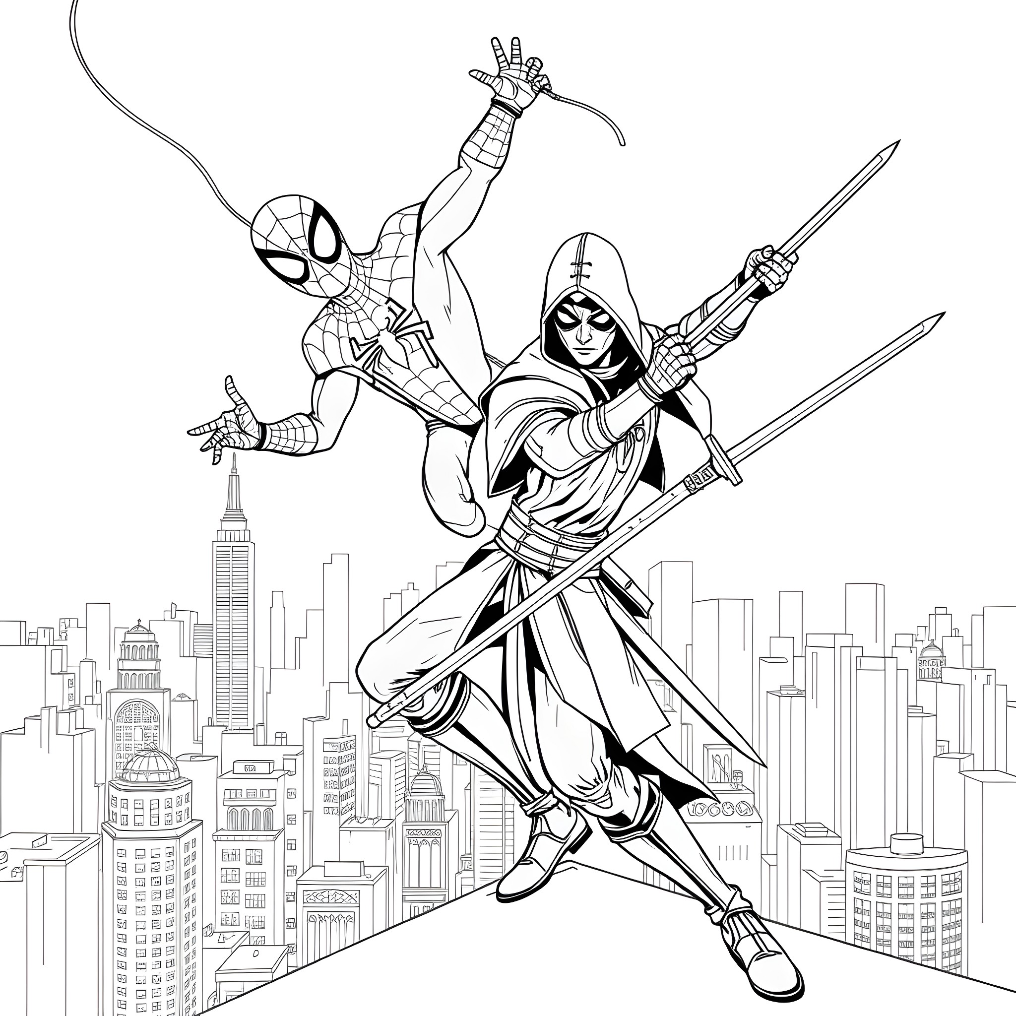 Spider-Man and Mysterious Heroine Fight Atop Skyscrapers Coloring Page (free black-and-white line drawing printable PDF for all, from beginners to advanced learners, including children, teens, adults, and seniors)