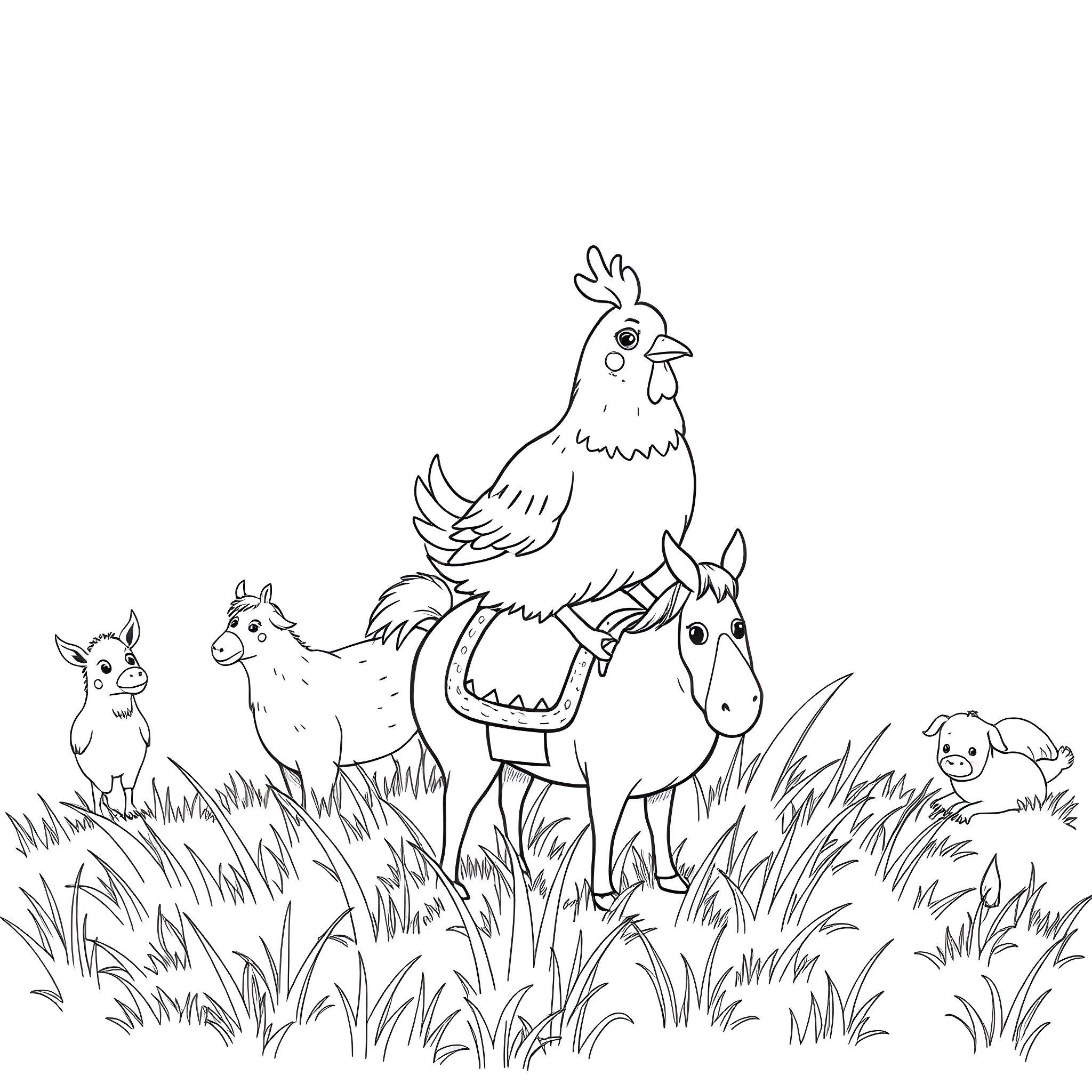 Chicken and friends on the farm Coloring Page (free black-and-white line drawing printable PDF for all, from beginners to advanced learners, including children, teens, adults, and seniors)