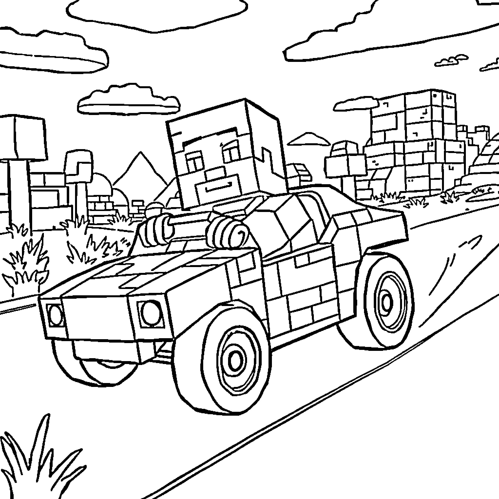 Steve's Joyride Through the Vibrant City Coloring Page (free black-and-white line drawing printable PDF for all, from beginners to advanced learners, including children, teens, adults, and seniors)