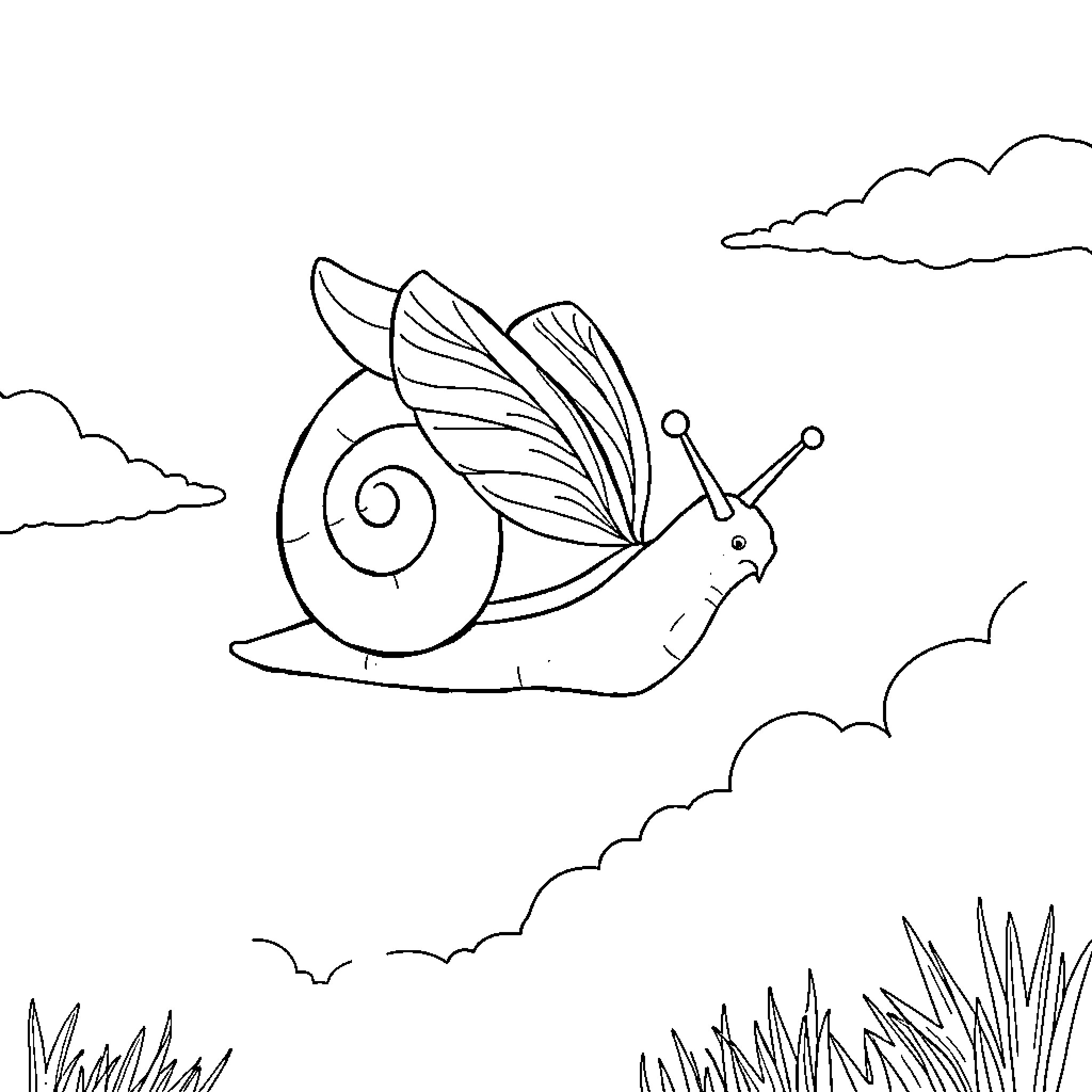 Snail soaring through the skies in a whimsical scene Coloring Page (free black-and-white line drawing printable PDF for all, from beginners to advanced learners, including children, teens, adults, and seniors)