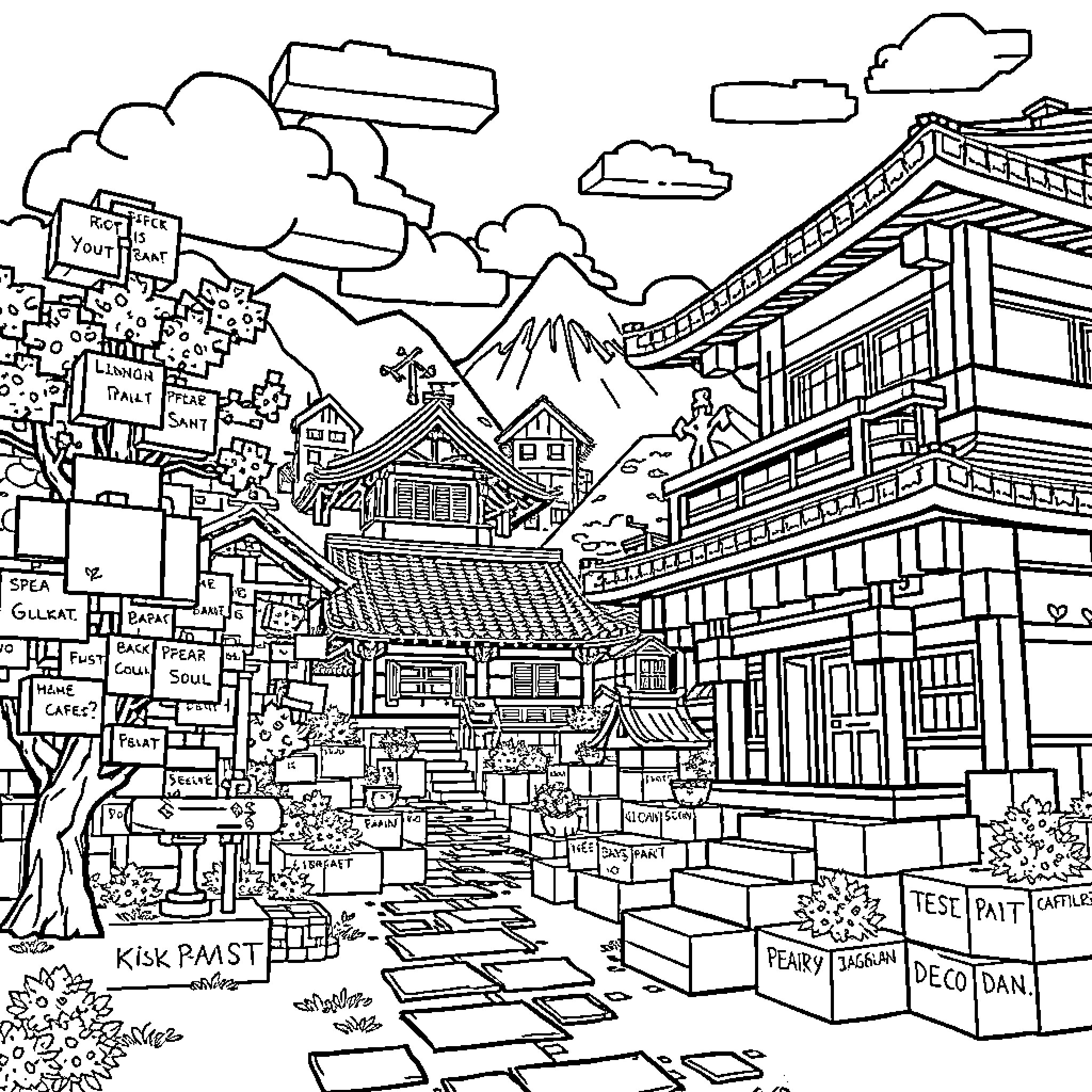 Minecraft Crowded Village with Mountain Backdrop Coloring Page (free black-and-white line drawing printable PDF for all, from beginners to advanced learners, including children, teens, adults, and seniors)
