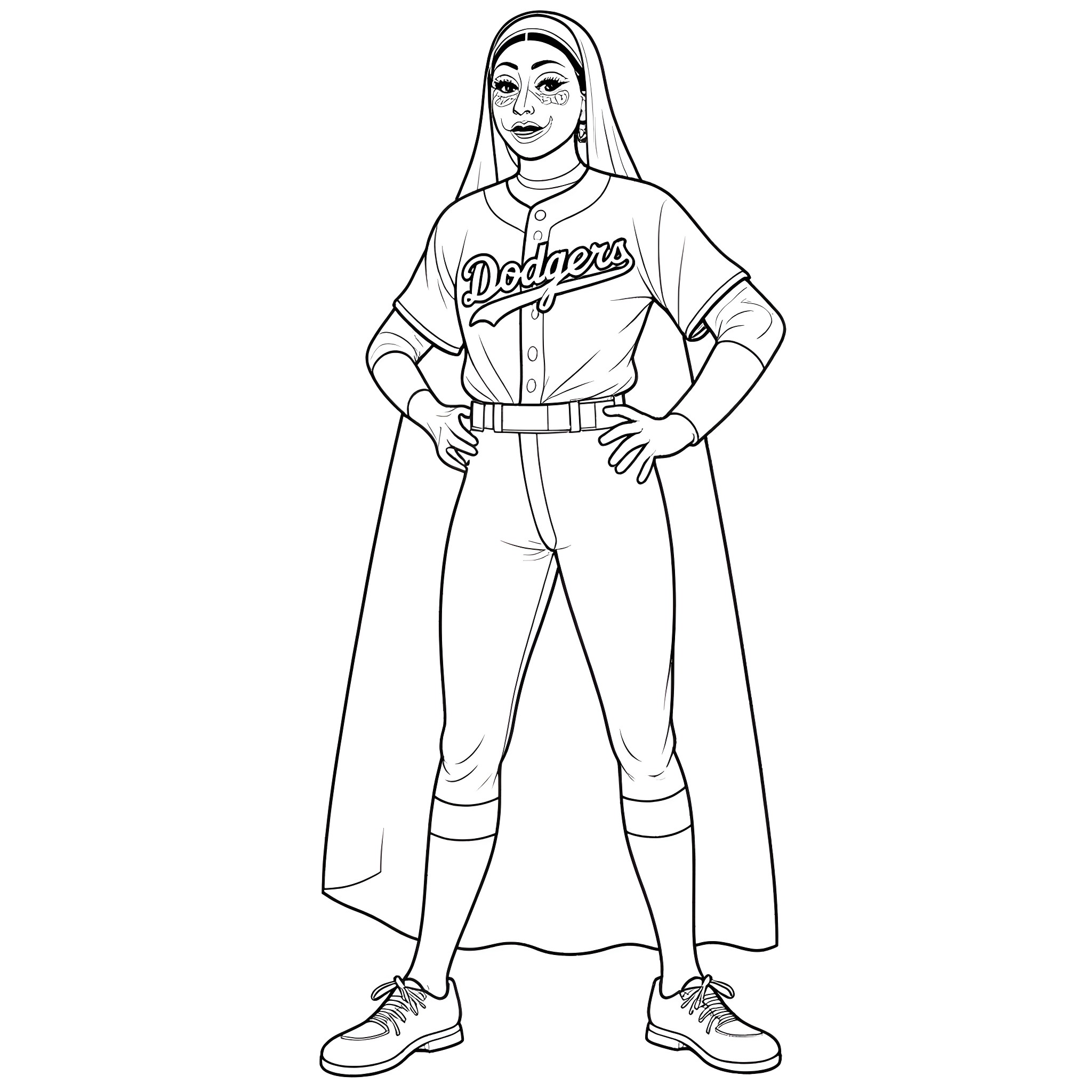 Nun playing baseball in uniform Coloring Page (free black-and-white line drawing printable PDF for all, from beginners to advanced learners, including children, teens, adults, and seniors)
