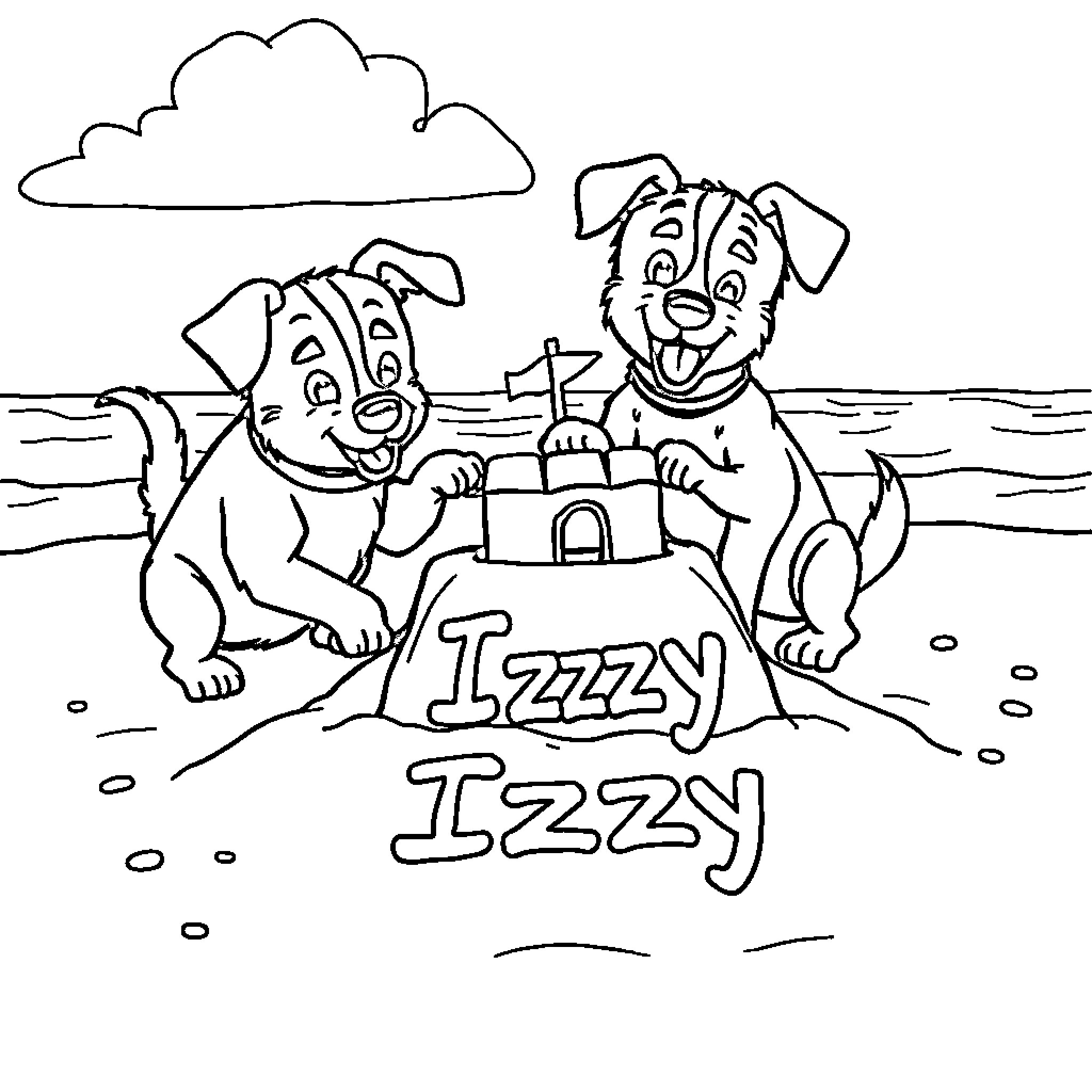 Dog Puppies Playing with Sand Castle on Beach Coloring Page (free black-and-white line drawing printable PDF for all, from beginners to advanced learners, including children, teens, adults, and seniors)