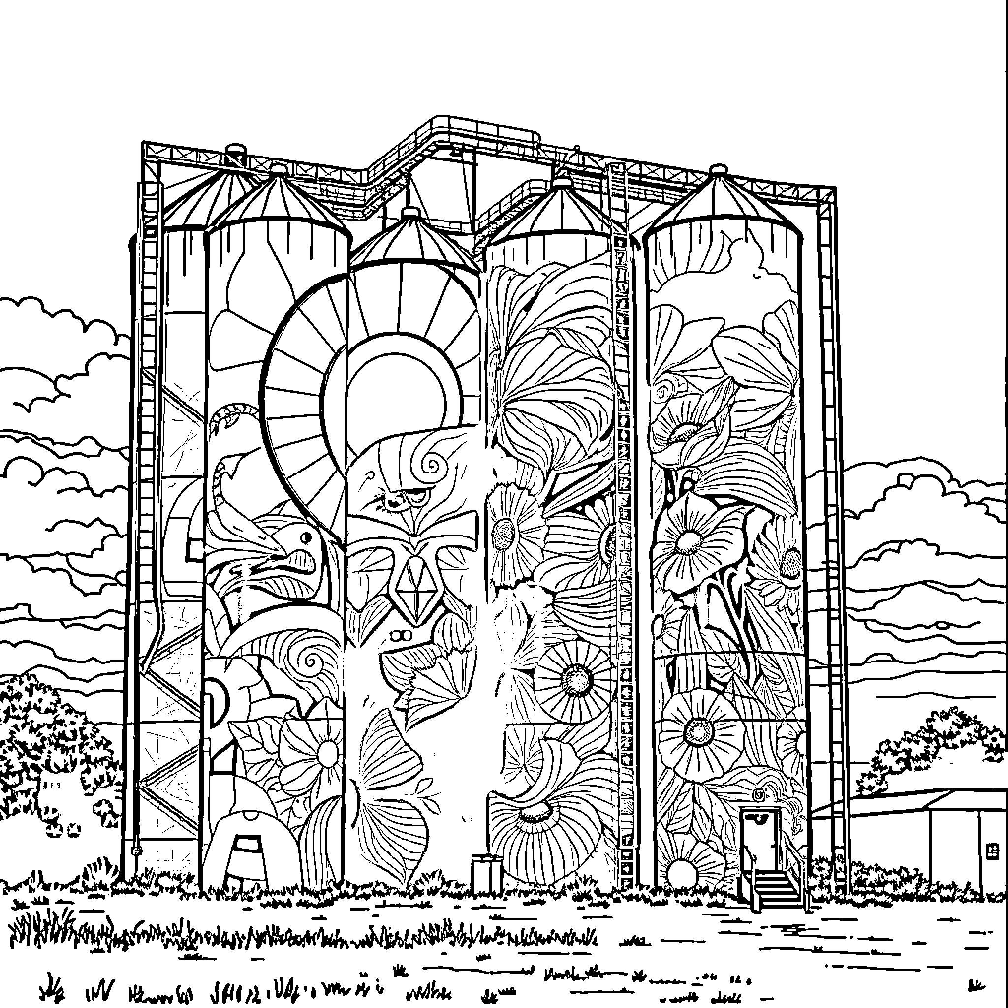 Silo with Vibrant Floral Artwork Coloring Page (free black-and-white line drawing printable PDF for all, from beginners to advanced learners, including children, teens, adults, and seniors)