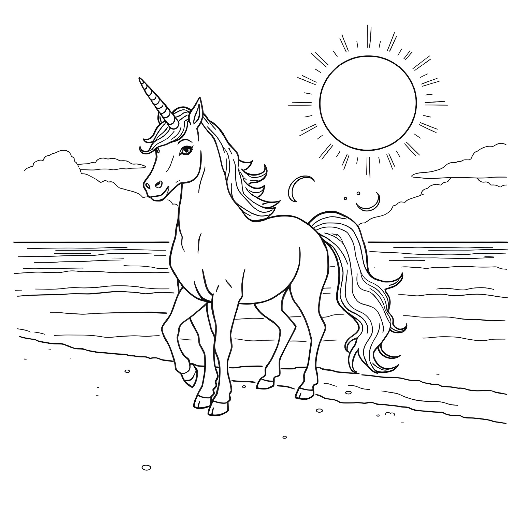 Unicorn standing by the sea under the sun Coloring Page (free black-and-white line drawing printable PDF for all, from beginners to advanced learners, including children, teens, adults, and seniors)