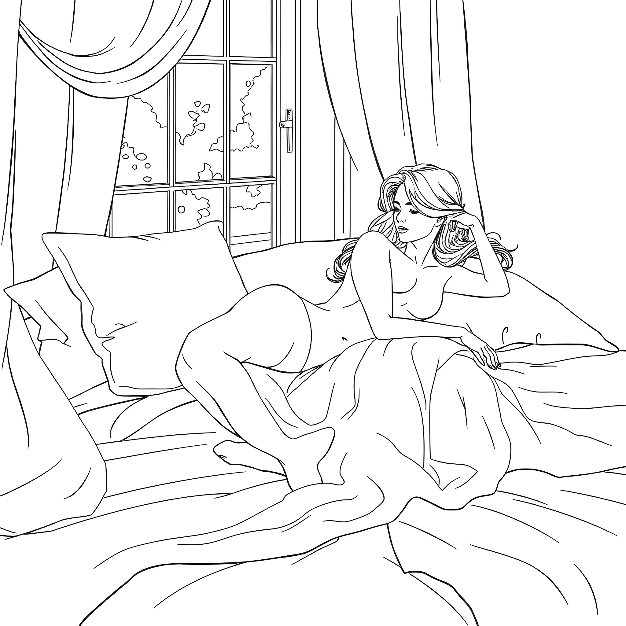 Woman relaxing in her bedroom Coloring Page (free black-and-white line drawing printable PDF for all, from beginners to advanced learners, including children, teens, adults, and seniors)