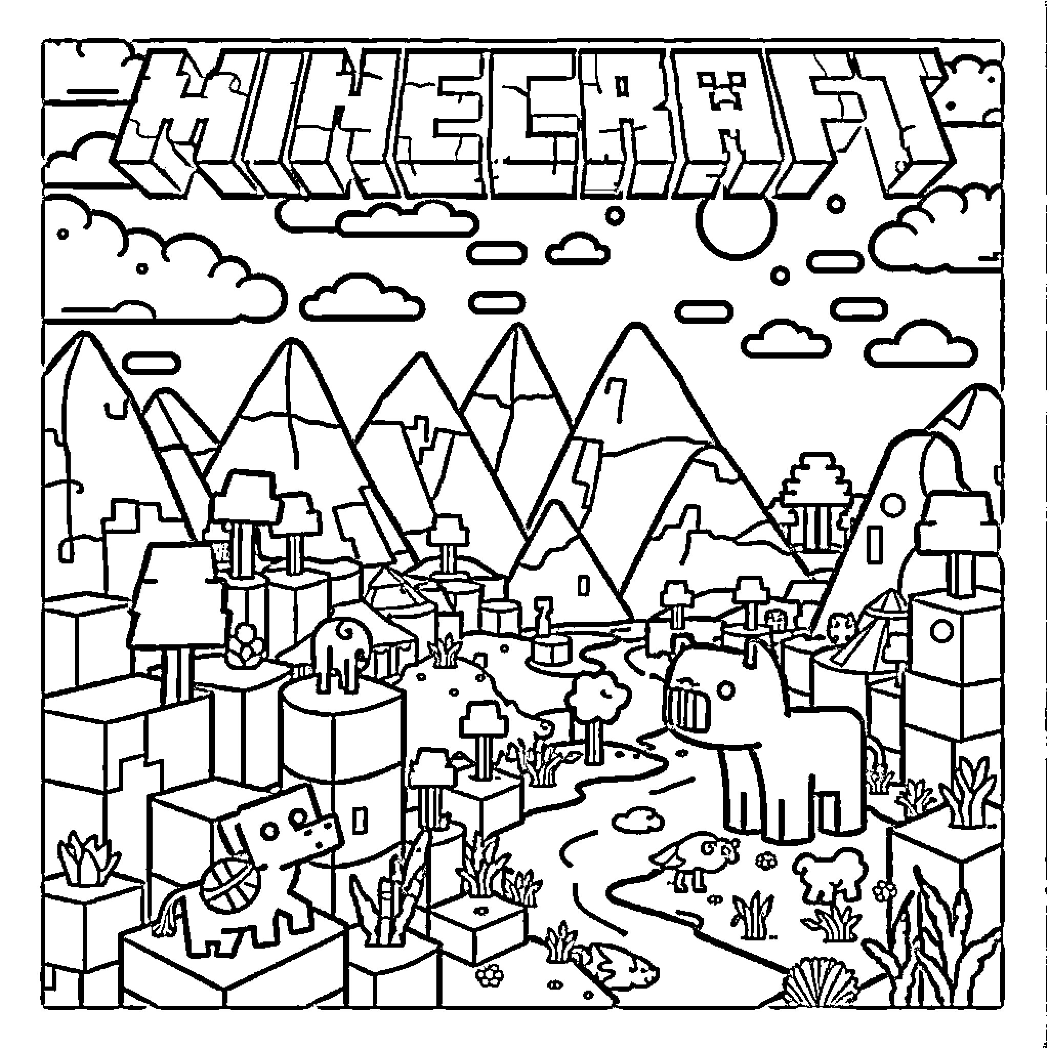 Minecraft landscape with mountains and buildings Coloring Page (free black-and-white line drawing printable PDF for all, from beginners to advanced learners, including children, teens, adults, and seniors)