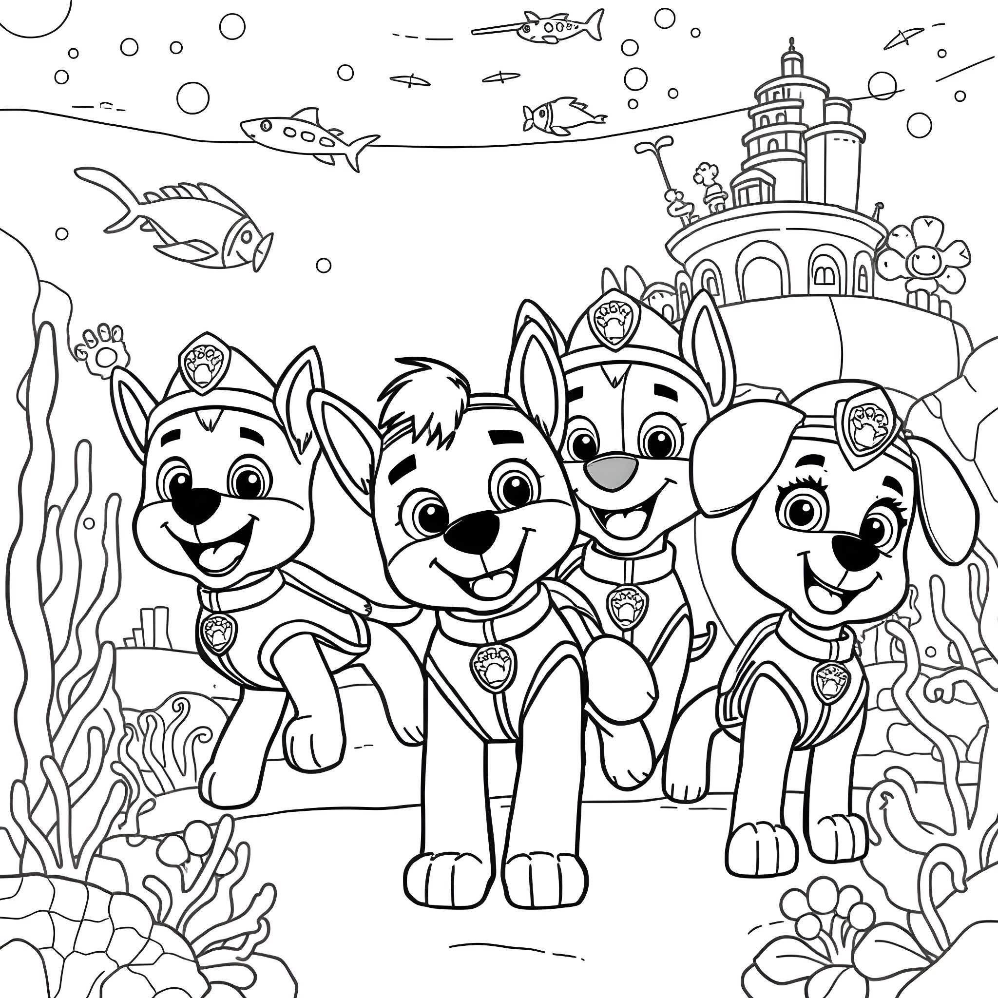 Paw Patrol characters in an underwater adventure Coloring Page (free black-and-white line drawing printable PDF for all, from beginners to advanced learners, including children, teens, adults, and seniors)