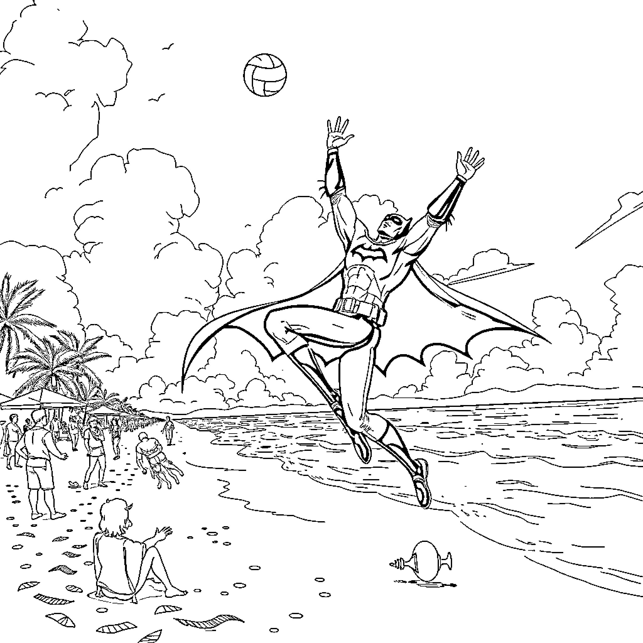 Batman soaring heroically over beach scene Coloring Page (free black-and-white line drawing printable PDF for all, from beginners to advanced learners, including children, teens, adults, and seniors)