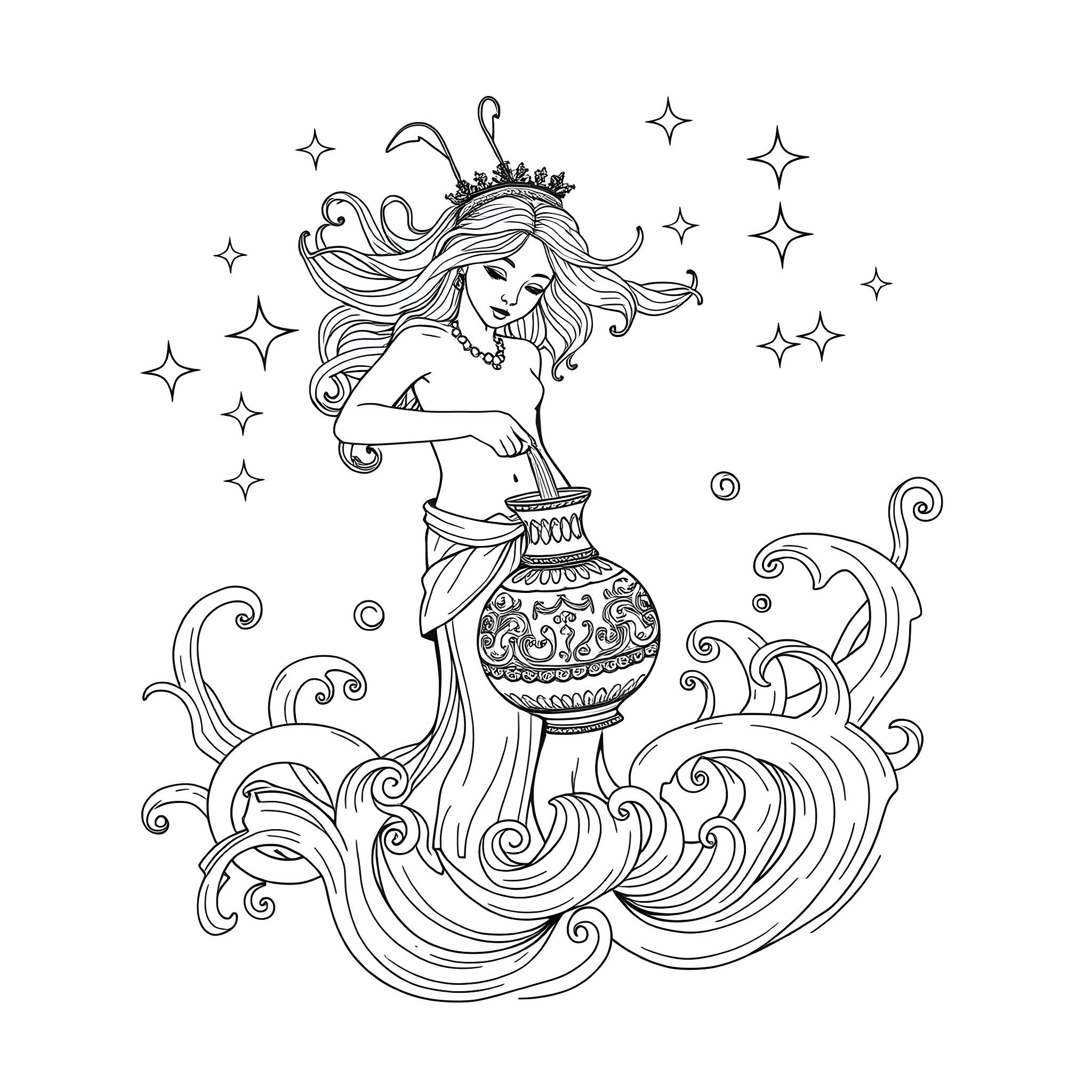 Aquarius - Celestial Majesty Coloring Page (free black-and-white line drawing printable PDF for all, from beginners to advanced learners, including children, teens, adults, and seniors)