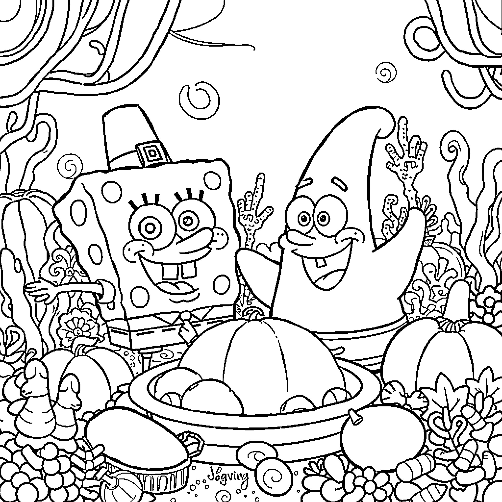 Spongebob and Friends Celebrate Thanksgiving Coloring Page (free black-and-white line drawing printable PDF for all, from beginners to advanced learners, including children, teens, adults, and seniors)