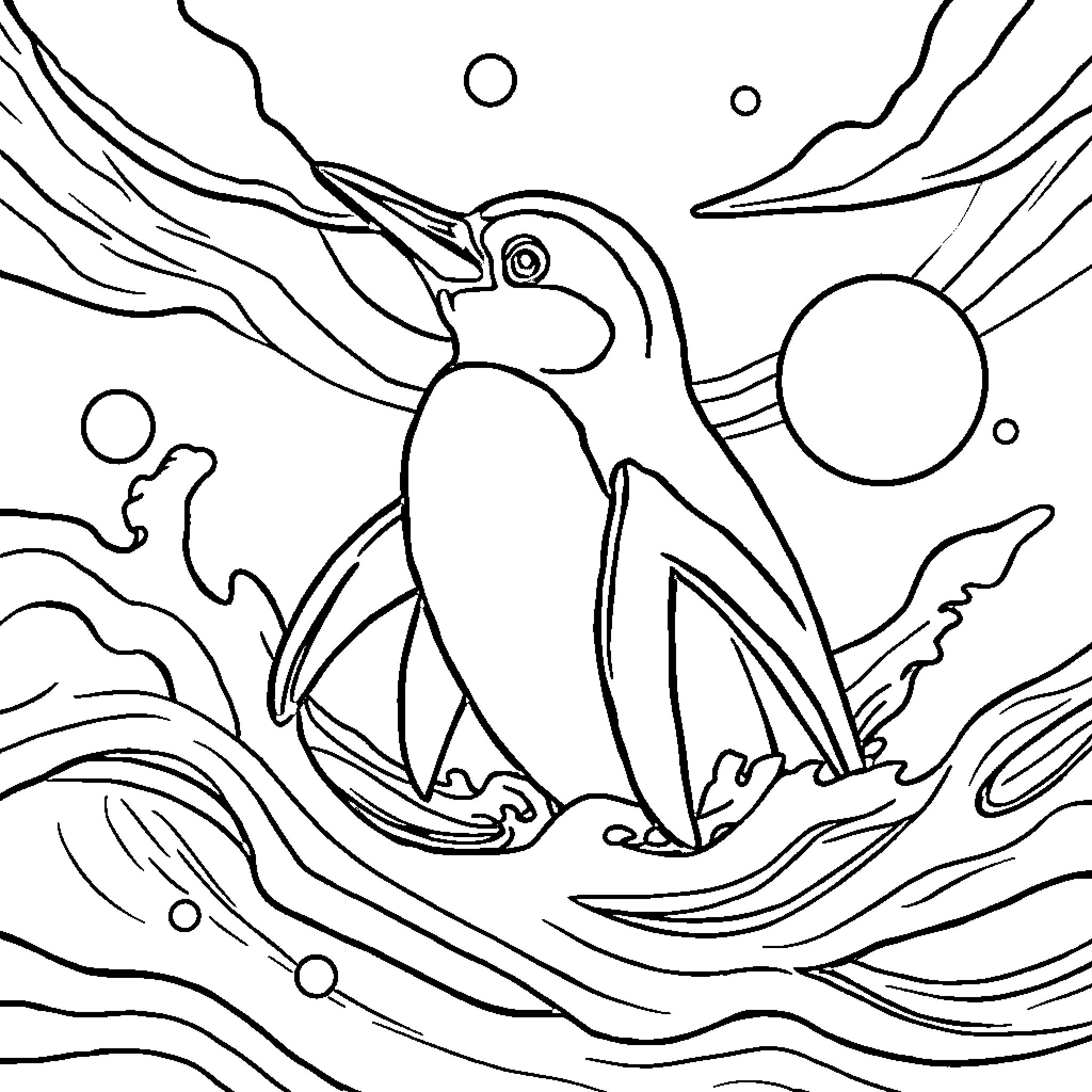 Penguin swimming in the ocean Coloring Page (free black-and-white line drawing printable PDF for all, from beginners to advanced learners, including children, teens, adults, and seniors)