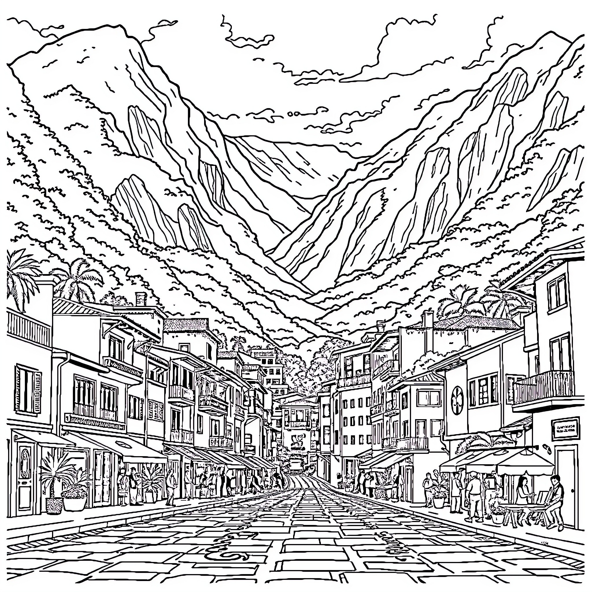 Naruto's journey through a vibrant mountain town Coloring Page (free black-and-white line drawing printable PDF for all, from beginners to advanced learners, including children, teens, adults, and seniors)