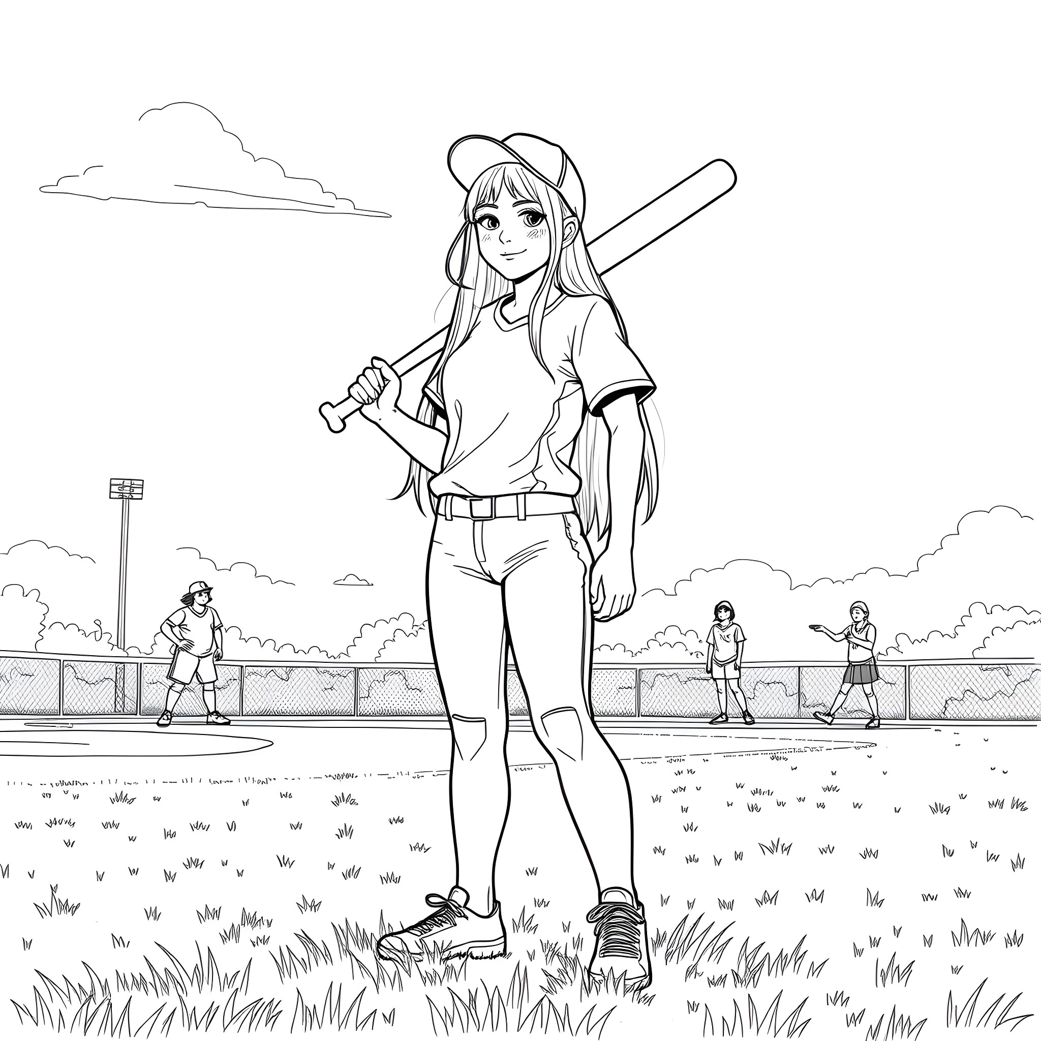 Billie Eilish playing baseball in a field Coloring Page (free black-and-white line drawing printable PDF for all, from beginners to advanced learners, including children, teens, adults, and seniors)