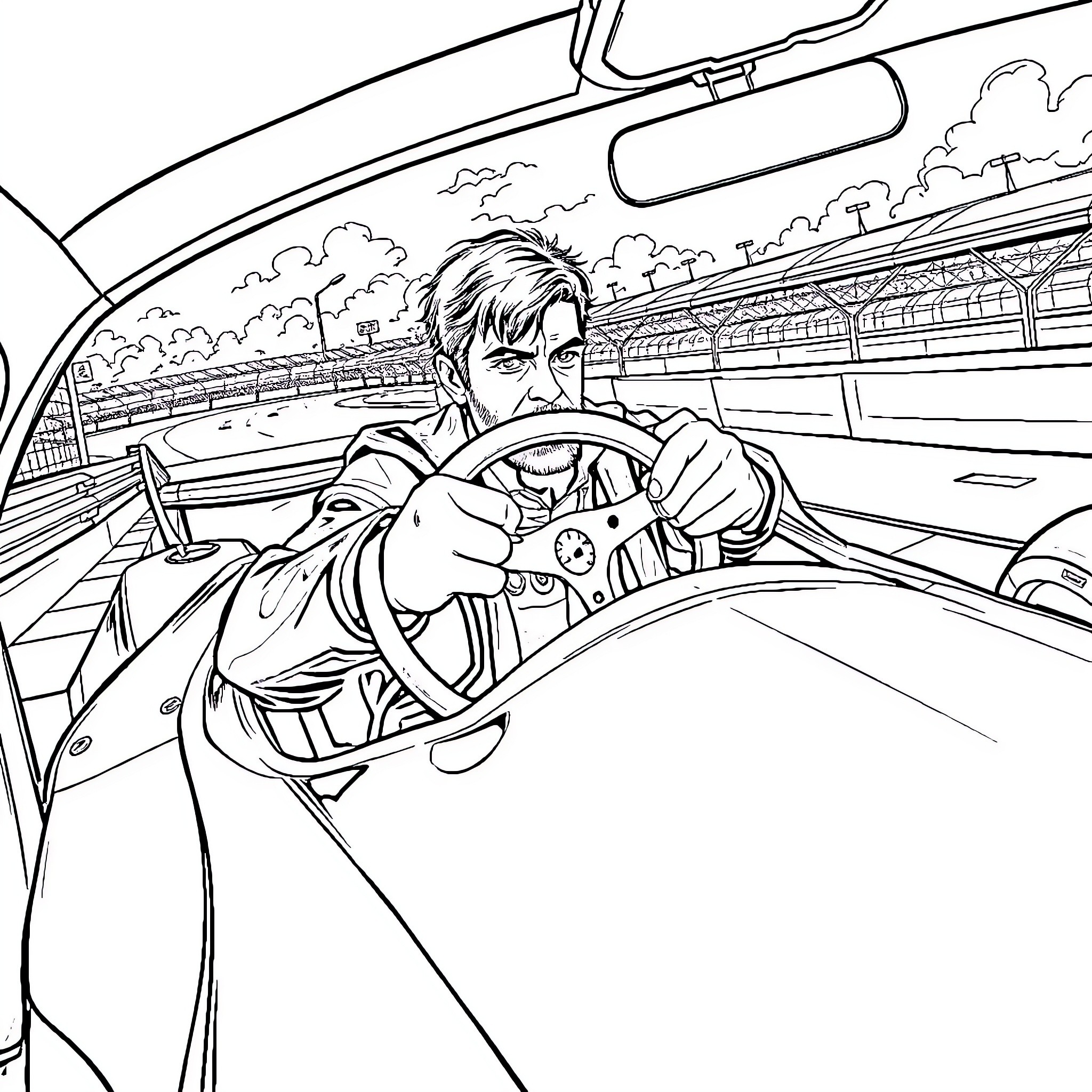Arthur Morgan driving a car on the road Coloring Page (free black-and-white line drawing printable PDF for all, from beginners to advanced learners, including children, teens, adults, and seniors)