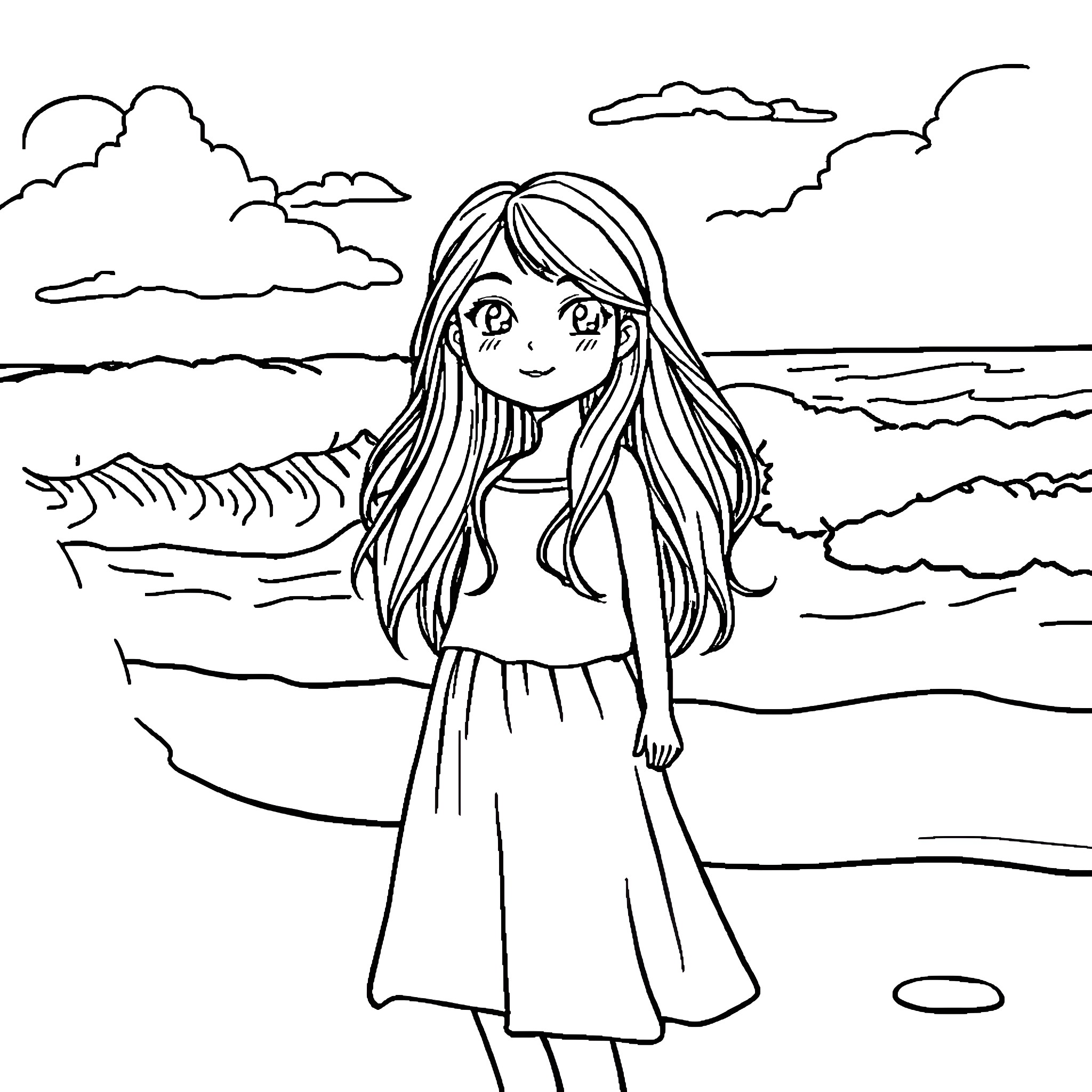 Girl enjoying the serene ocean view Coloring Page (free black-and-white line drawing printable PDF for all, from beginners to advanced learners, including children, teens, adults, and seniors)