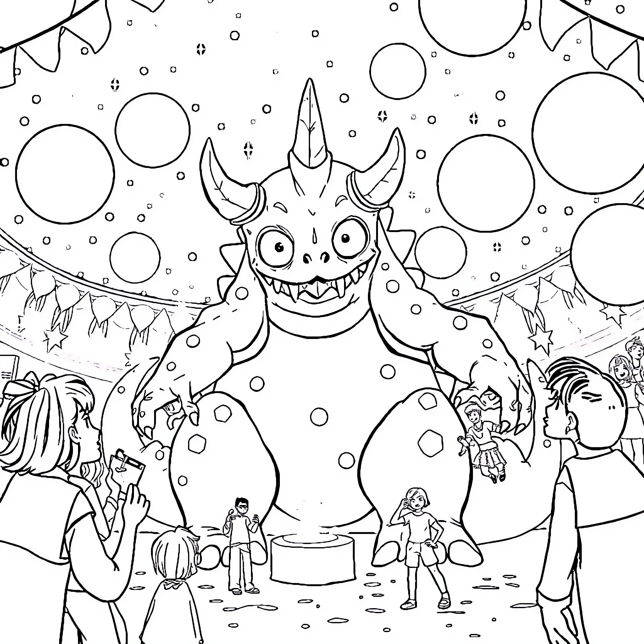 Monster's Mischievous Celebration Coloring Page (free black-and-white line drawing printable PDF for all, from beginners to advanced learners, including children, teens, adults, and seniors)