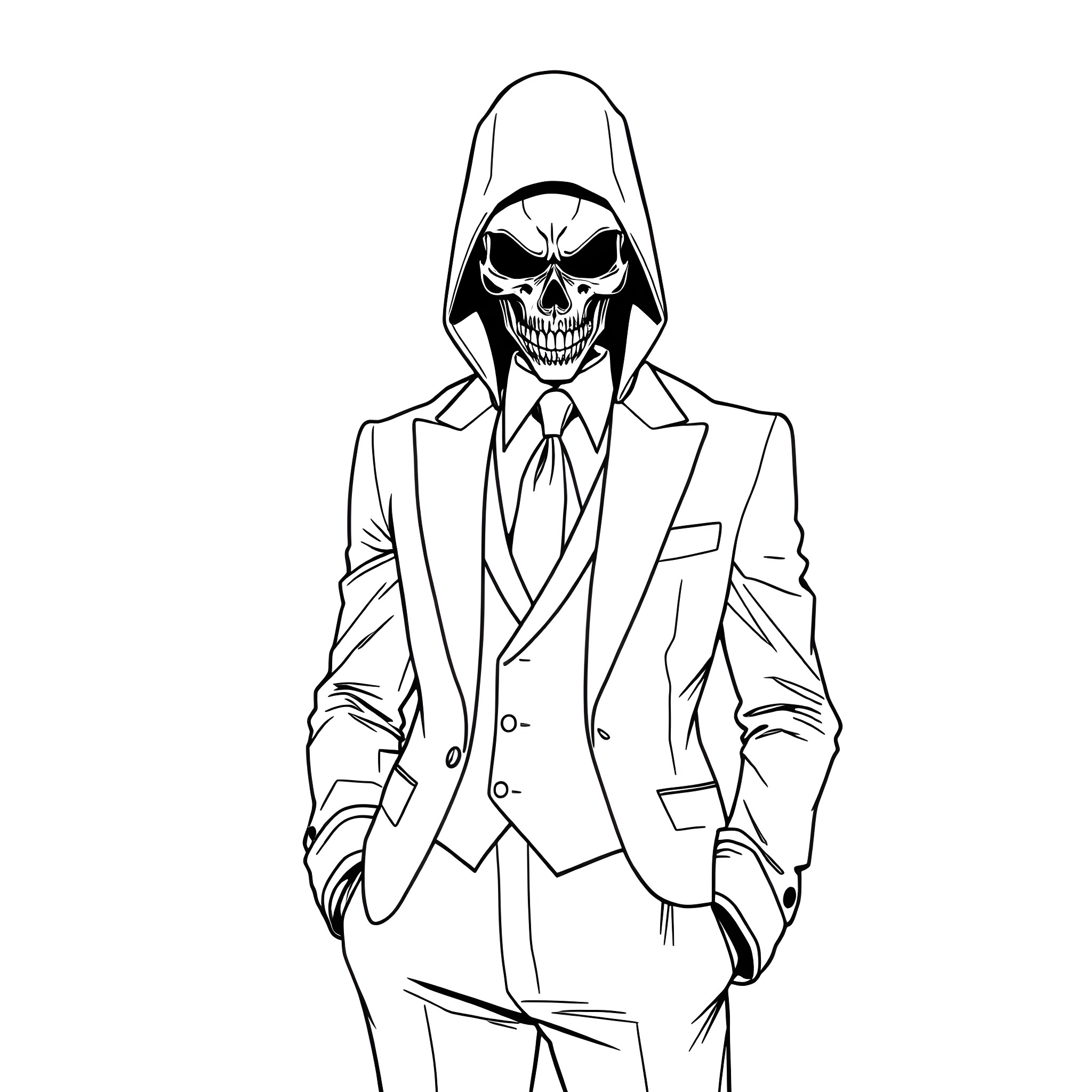 Mask of Grim Reaper in Formal Attire Coloring Page (free black-and-white line drawing printable PDF for all, from beginners to advanced learners, including children, teens, adults, and seniors)