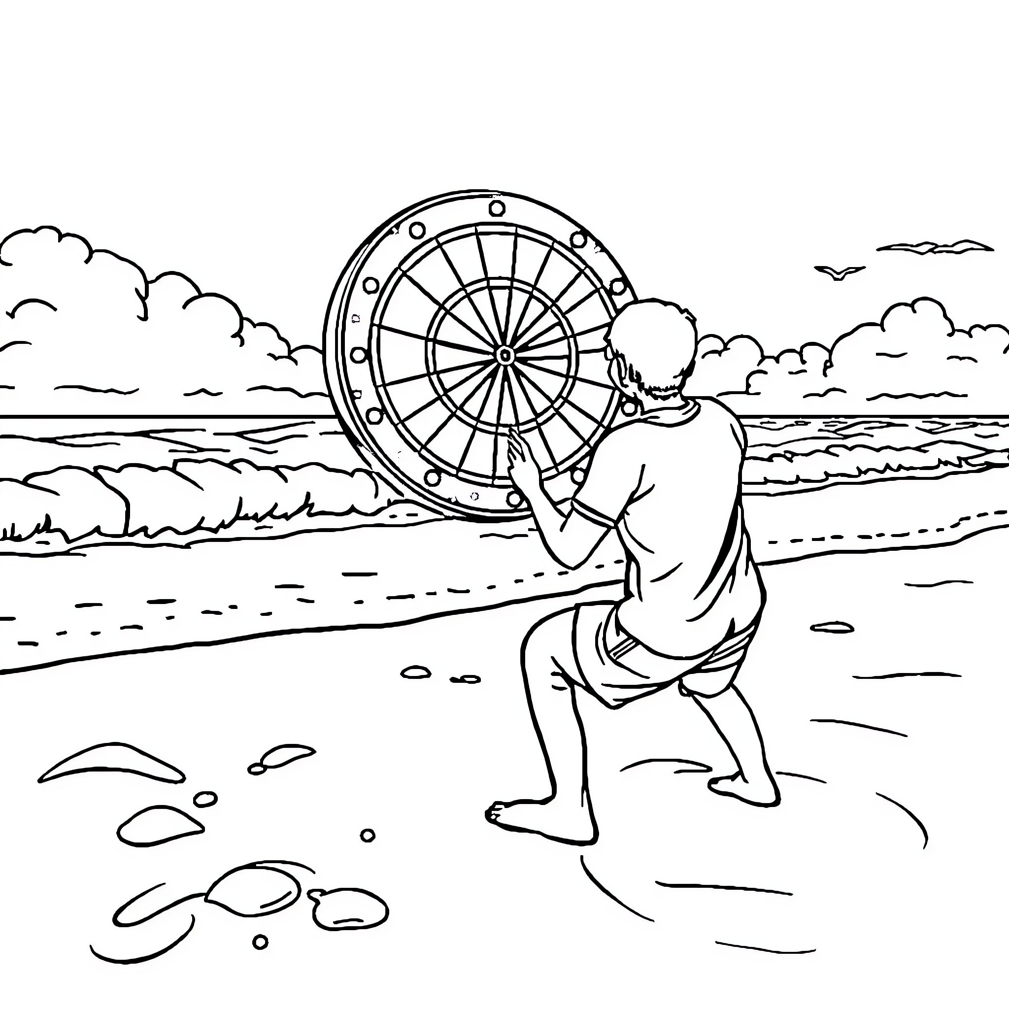 Dart throwing on the beach Coloring Page (free black-and-white line drawing printable PDF for all, from beginners to advanced learners, including children, teens, adults, and seniors)
