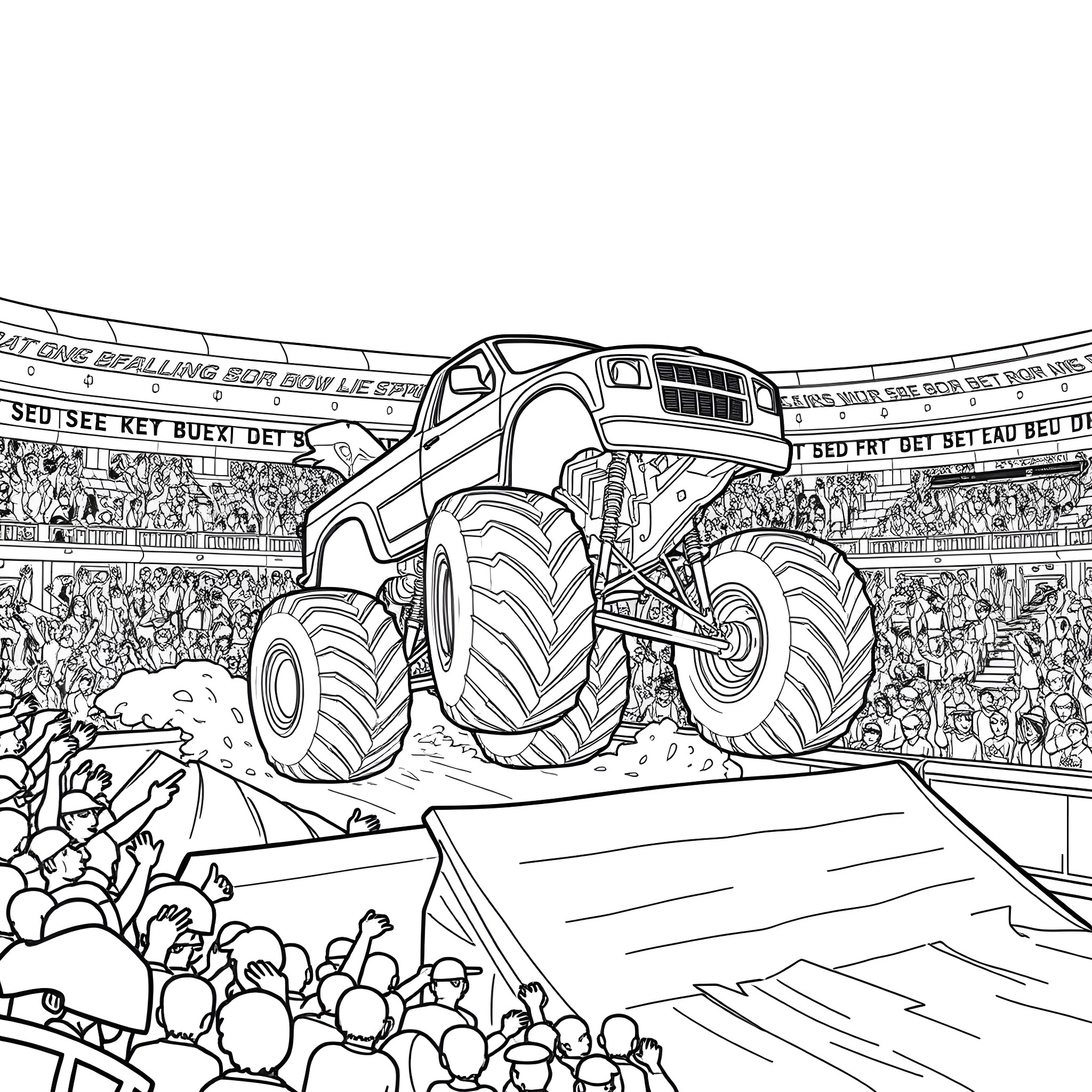 Monster truck crushing crowds at arena event Coloring Page (free black-and-white line drawing printable PDF for all, from beginners to advanced learners, including children, teens, adults, and seniors)