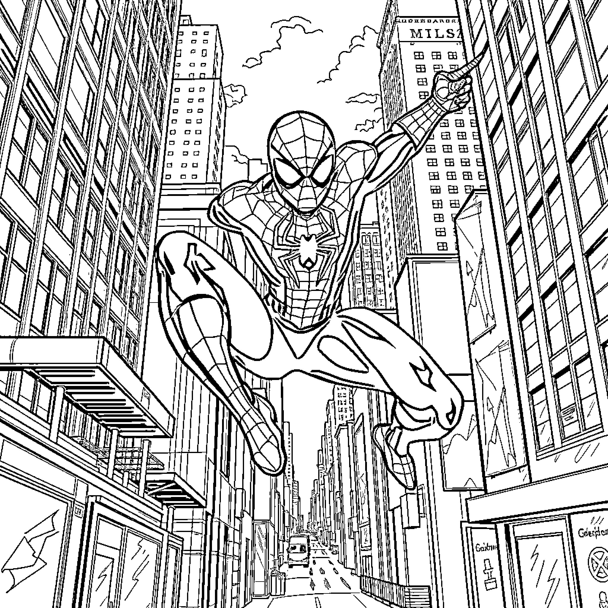 Spiderman swinging through the city skyline Coloring Page (free black-and-white line drawing printable PDF for all, from beginners to advanced learners, including children, teens, adults, and seniors)