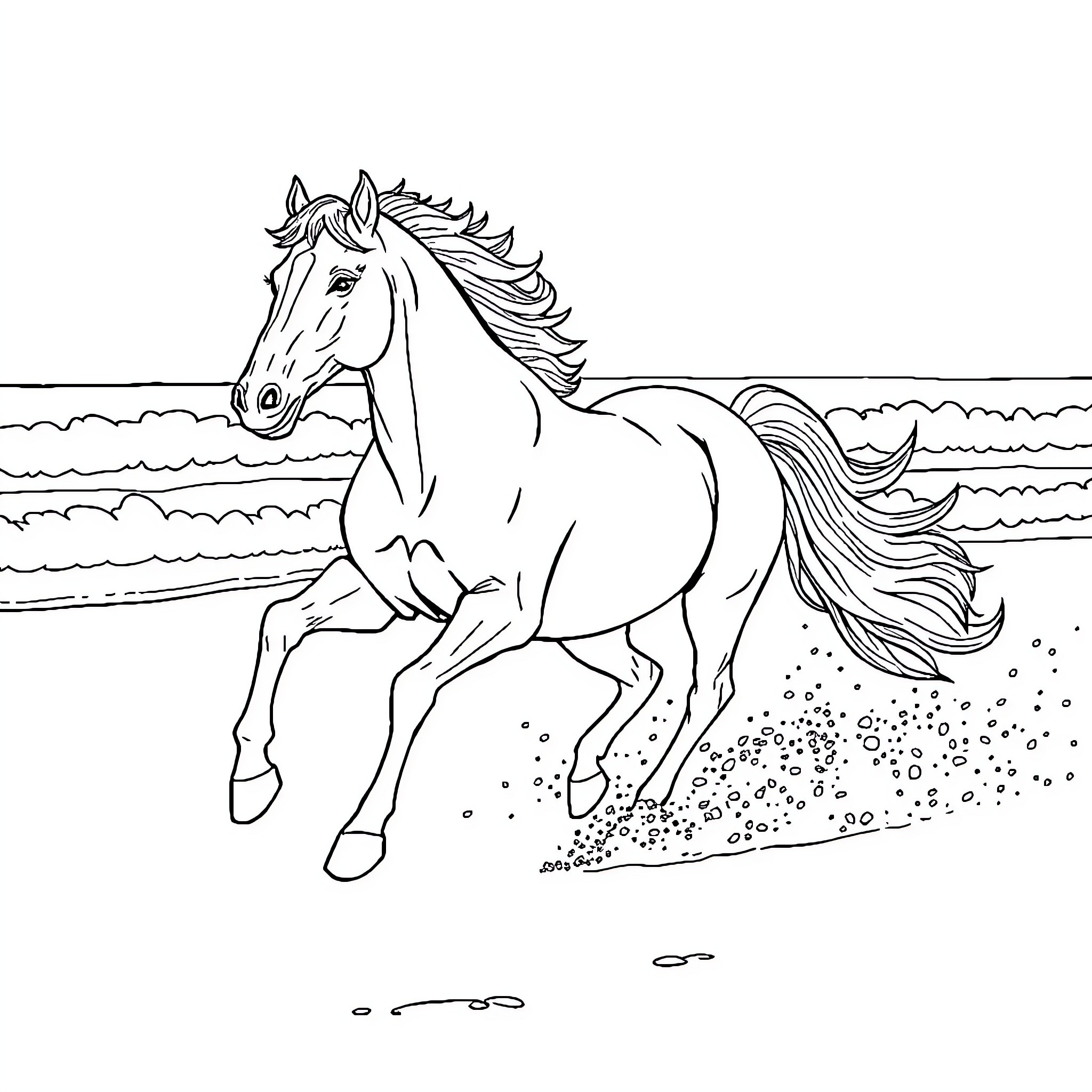 Horse galloping freely in the field Coloring Page (free black-and-white line drawing printable PDF for all, from beginners to advanced learners, including children, teens, adults, and seniors)