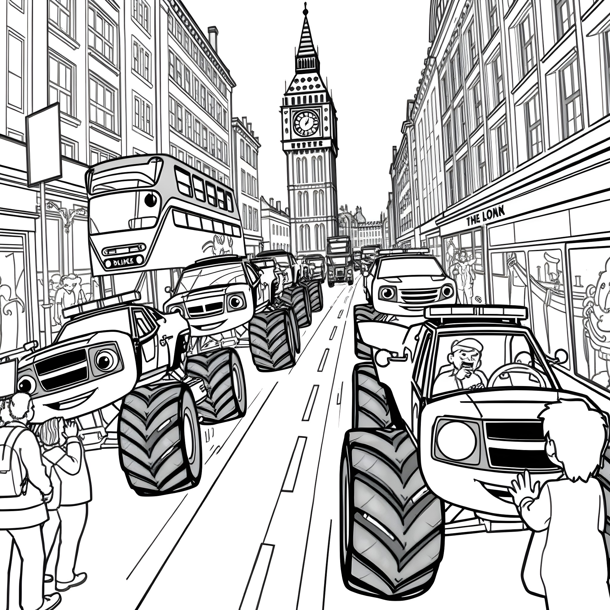 Blaze through the bustling city streets Coloring Page (free black-and-white line drawing printable PDF for all, from beginners to advanced learners, including children, teens, adults, and seniors)