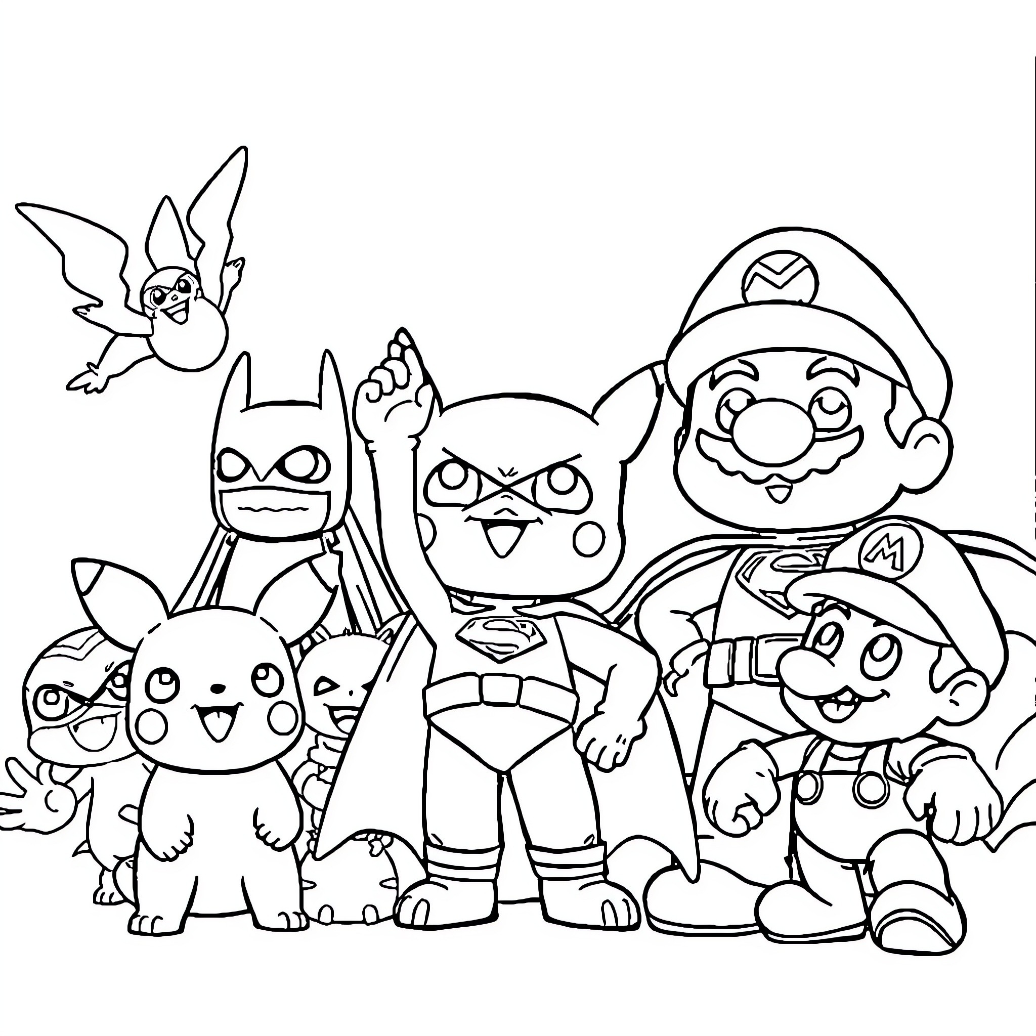 Figure of Cartoon Characters in Playful Poses Coloring Page (free black-and-white line drawing printable PDF for all, from beginners to advanced learners, including children, teens, adults, and seniors)
