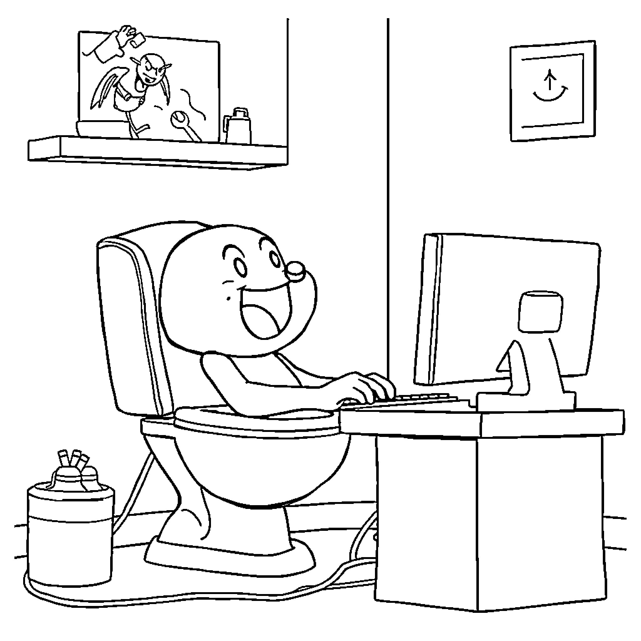 Skibidi Toilet: Humorous character at computer in bathroom Coloring Page (free black-and-white line drawing printable PDF for all, from beginners to advanced learners, including children, teens, adults, and seniors)