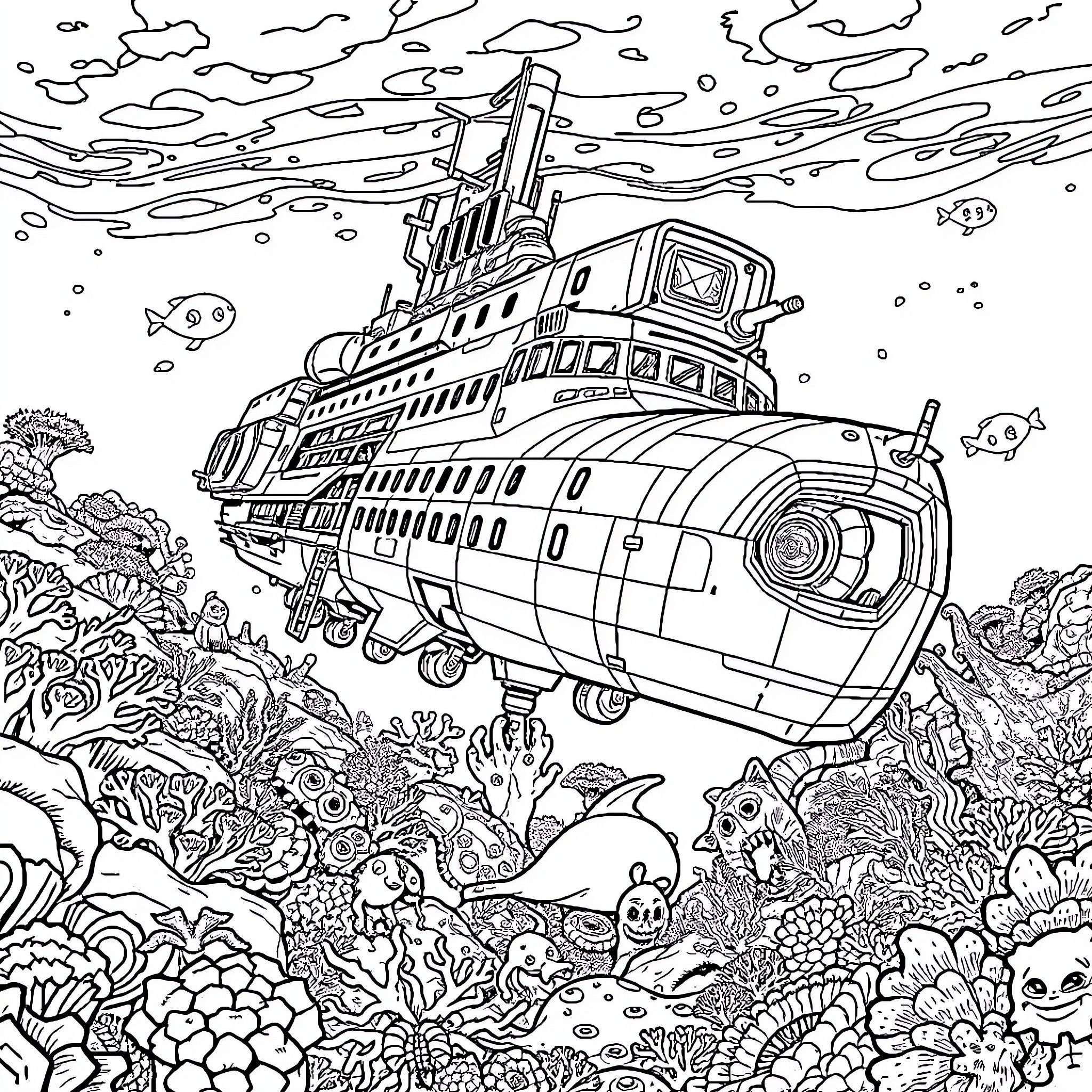 Aurora underwater expedition exploring the ocean depths Coloring Page (free black-and-white line drawing printable PDF for all, from beginners to advanced learners, including children, teens, adults, and seniors)