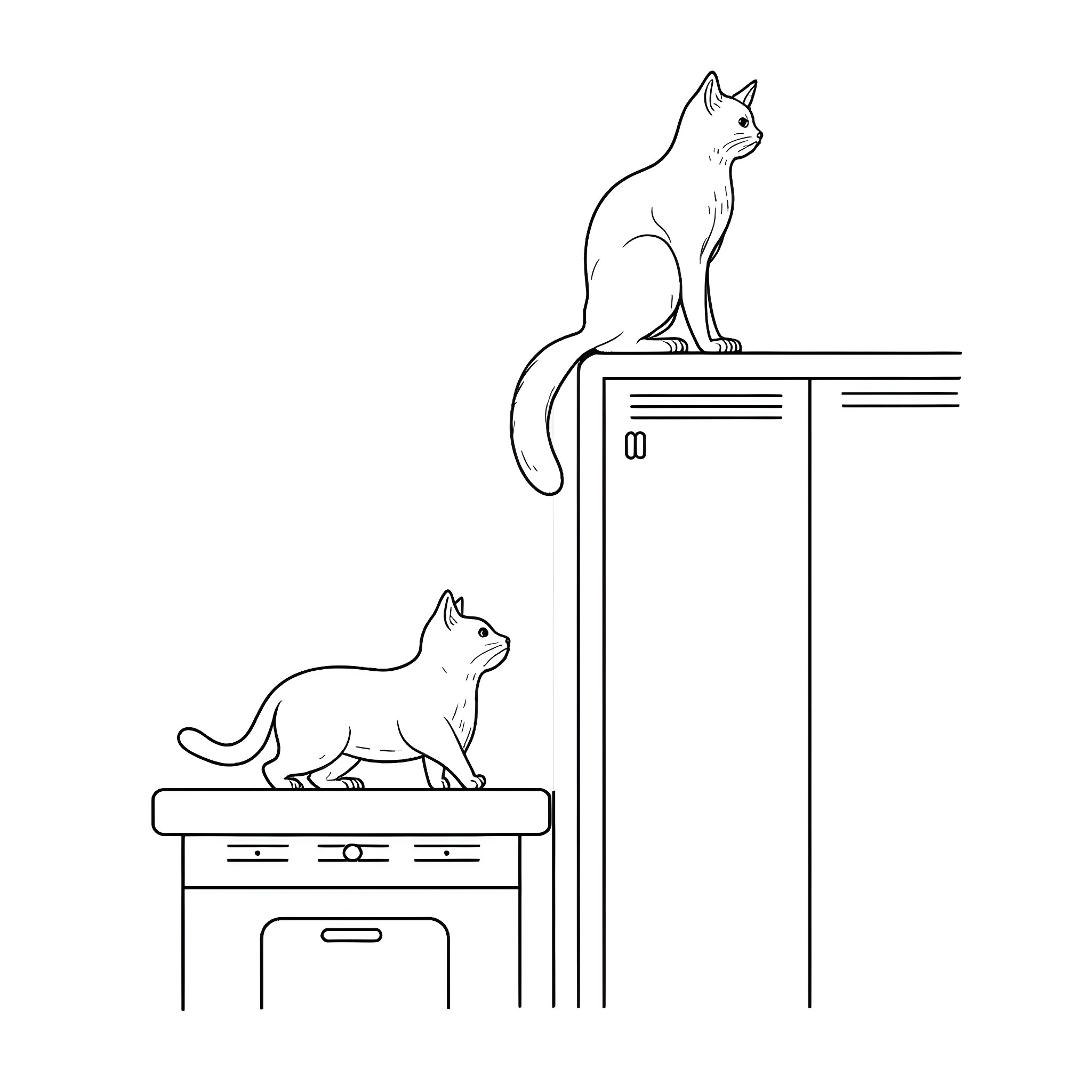 Cats sitting on furniture in the room Coloring Page (free black-and-white line drawing printable PDF for all, from beginners to advanced learners, including children, teens, adults, and seniors)