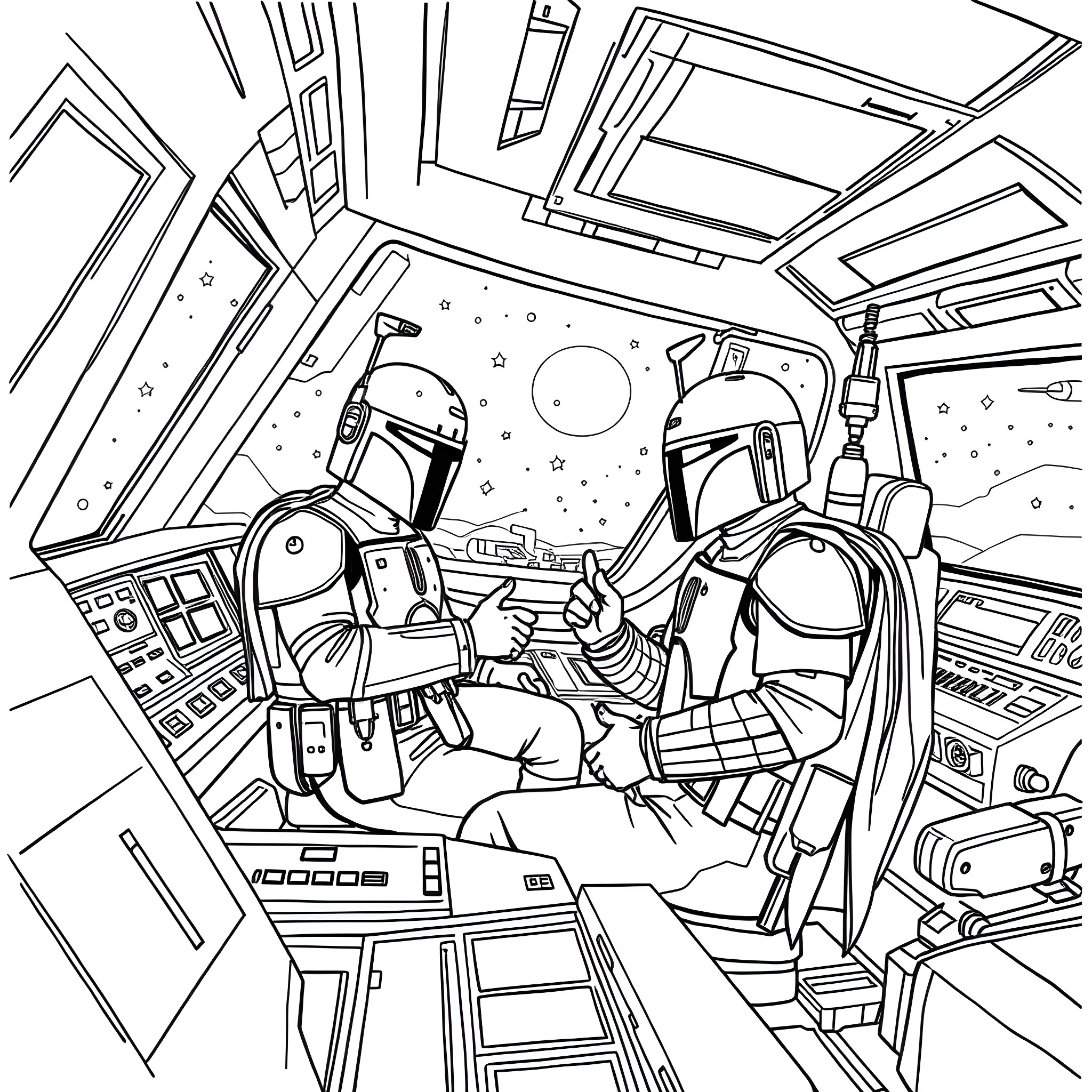 Bluey's Intergalactic Adventure in the Spacecraft Coloring Page (free black-and-white line drawing printable PDF for all, from beginners to advanced learners, including children, teens, adults, and seniors)