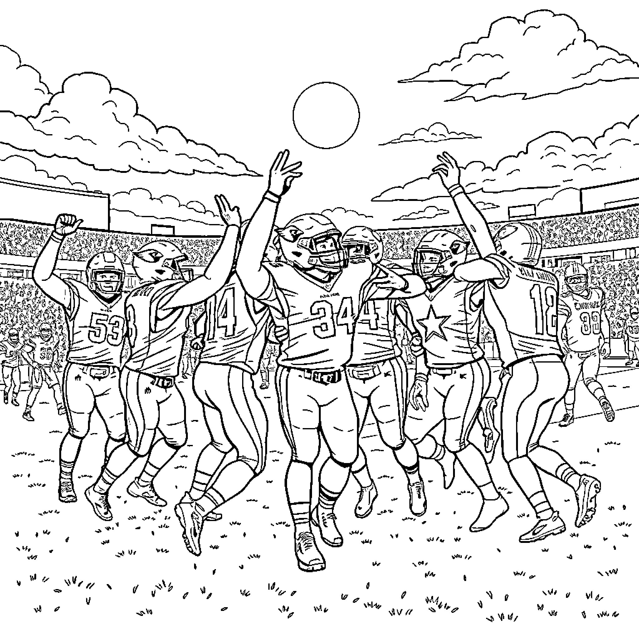 Arizona Cardinals players celebrating victory on the field Coloring Page (free black-and-white line drawing printable PDF for all, from beginners to advanced learners, including children, teens, adults, and seniors)