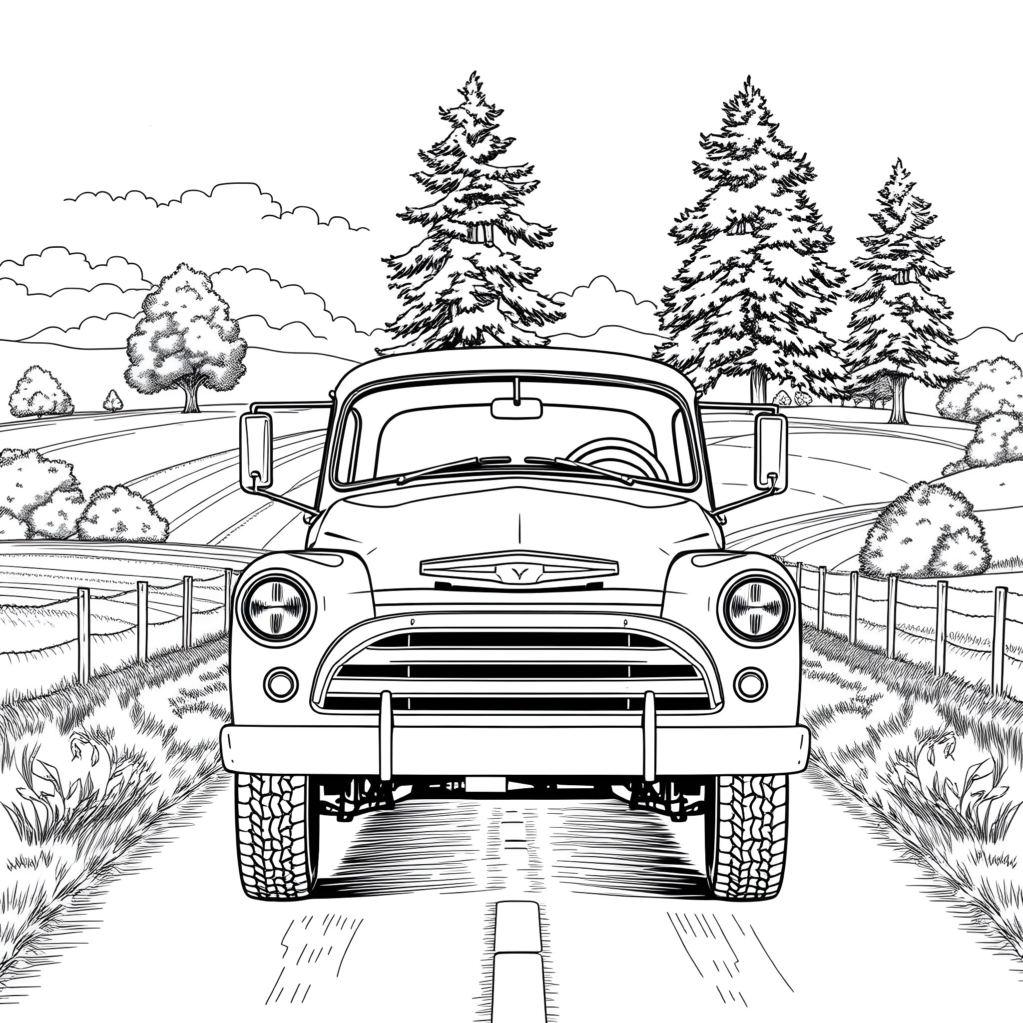 Truck driving on the countryside road Coloring Page (free black-and-white line drawing printable PDF for all, from beginners to advanced learners, including children, teens, adults, and seniors)
