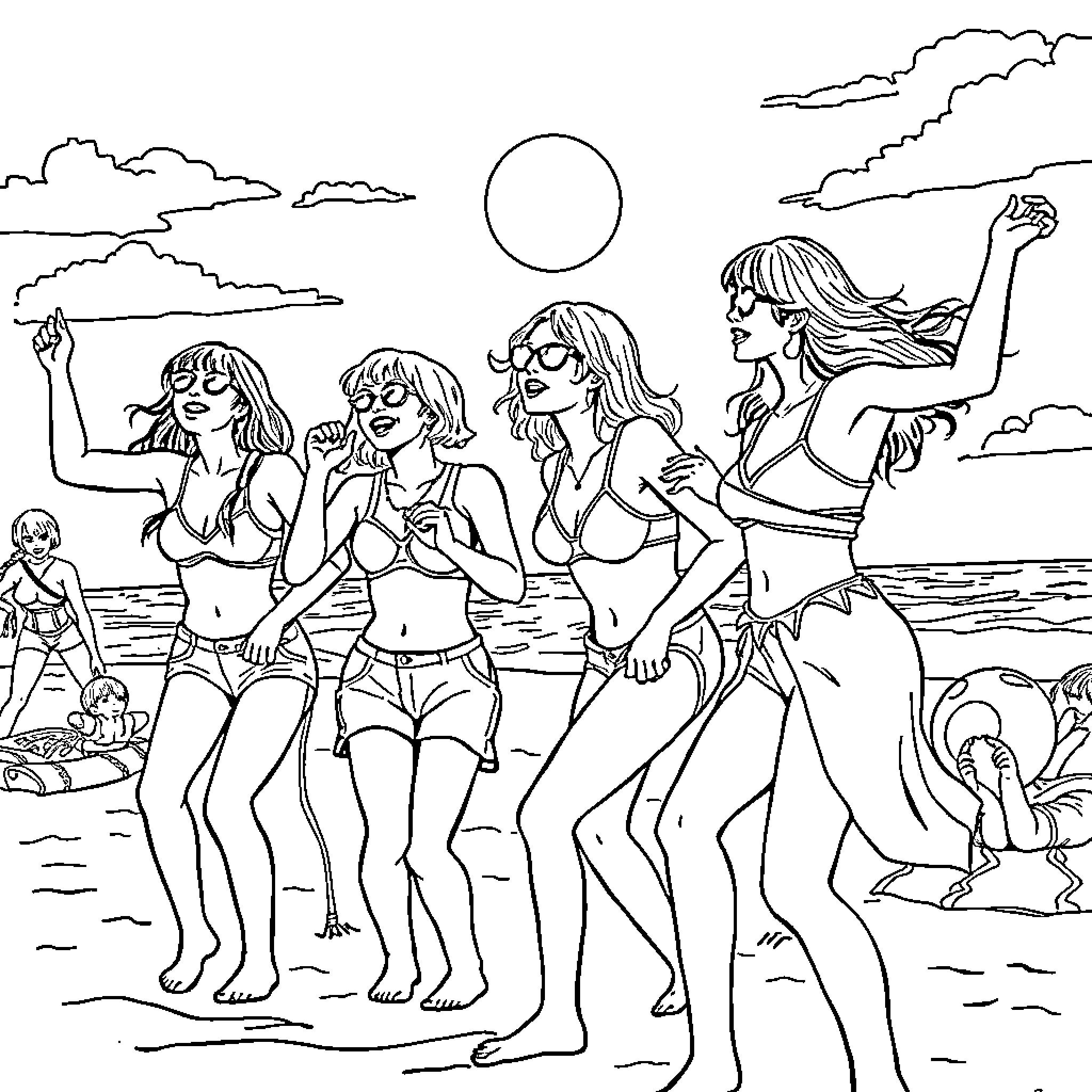 K Pop Stars Enjoying Beachside Fun and Camaraderie Coloring Page (free black-and-white line drawing printable PDF for all, from beginners to advanced learners, including children, teens, adults, and seniors)