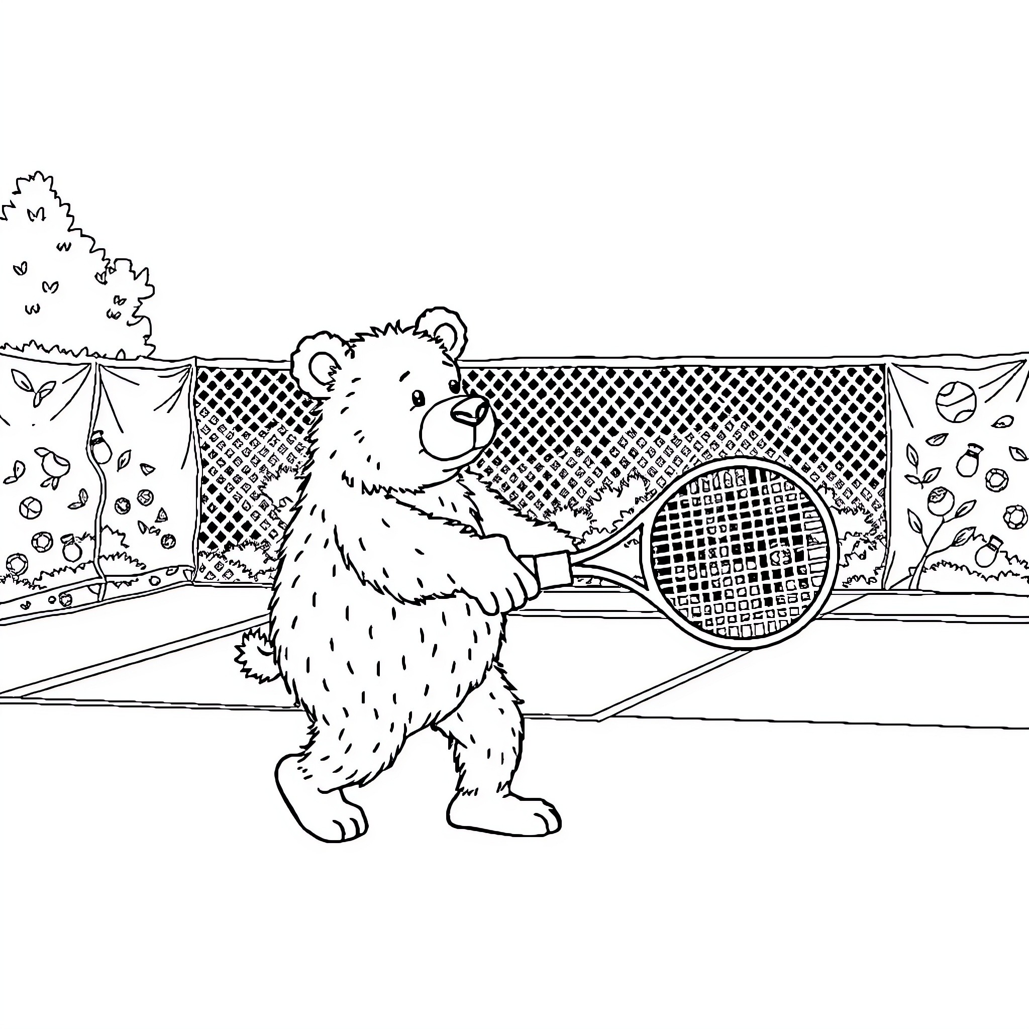 Teddy Bear playing tennis on the court Coloring Page (free black-and-white line drawing printable PDF for all, from beginners to advanced learners, including children, teens, adults, and seniors)