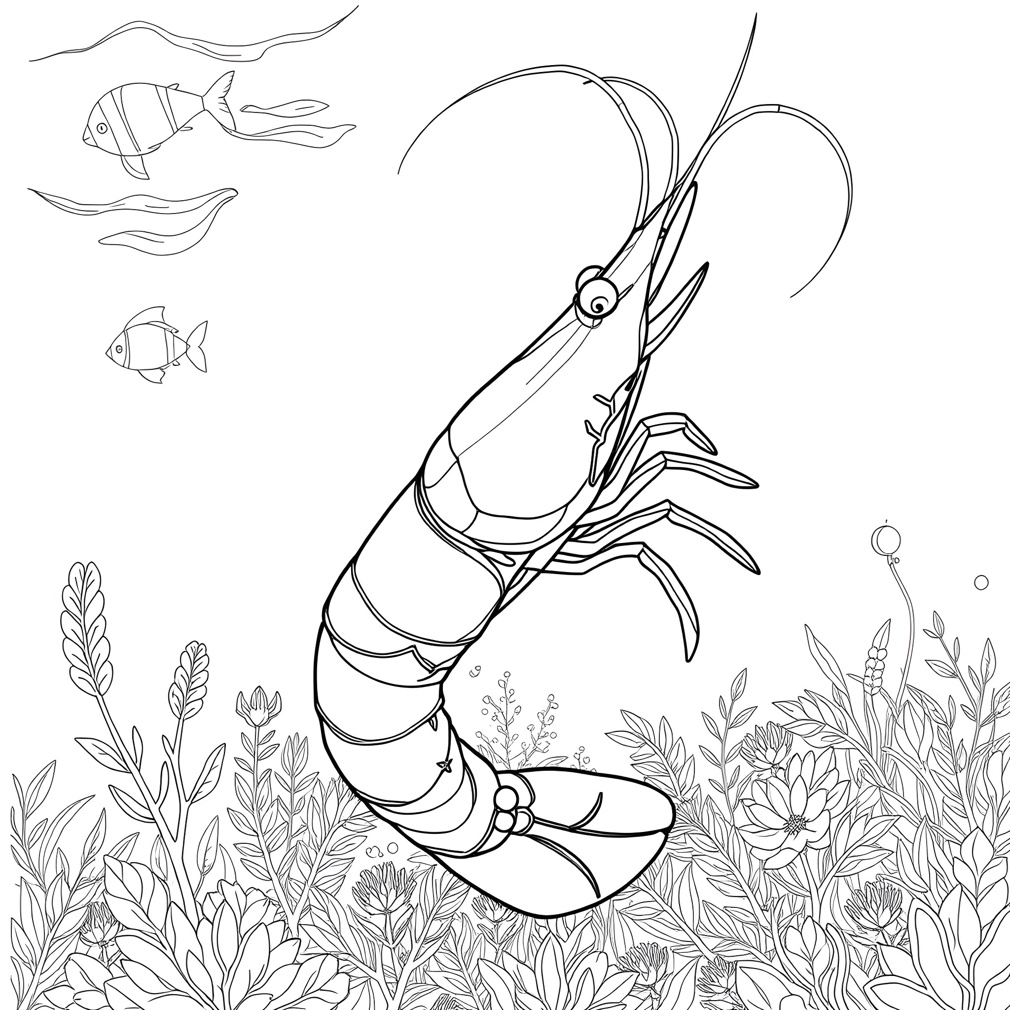 Shrimp swimming among underwater plants and seaweeds Coloring Page (free black-and-white line drawing printable PDF for all, from beginners to advanced learners, including children, teens, adults, and seniors)