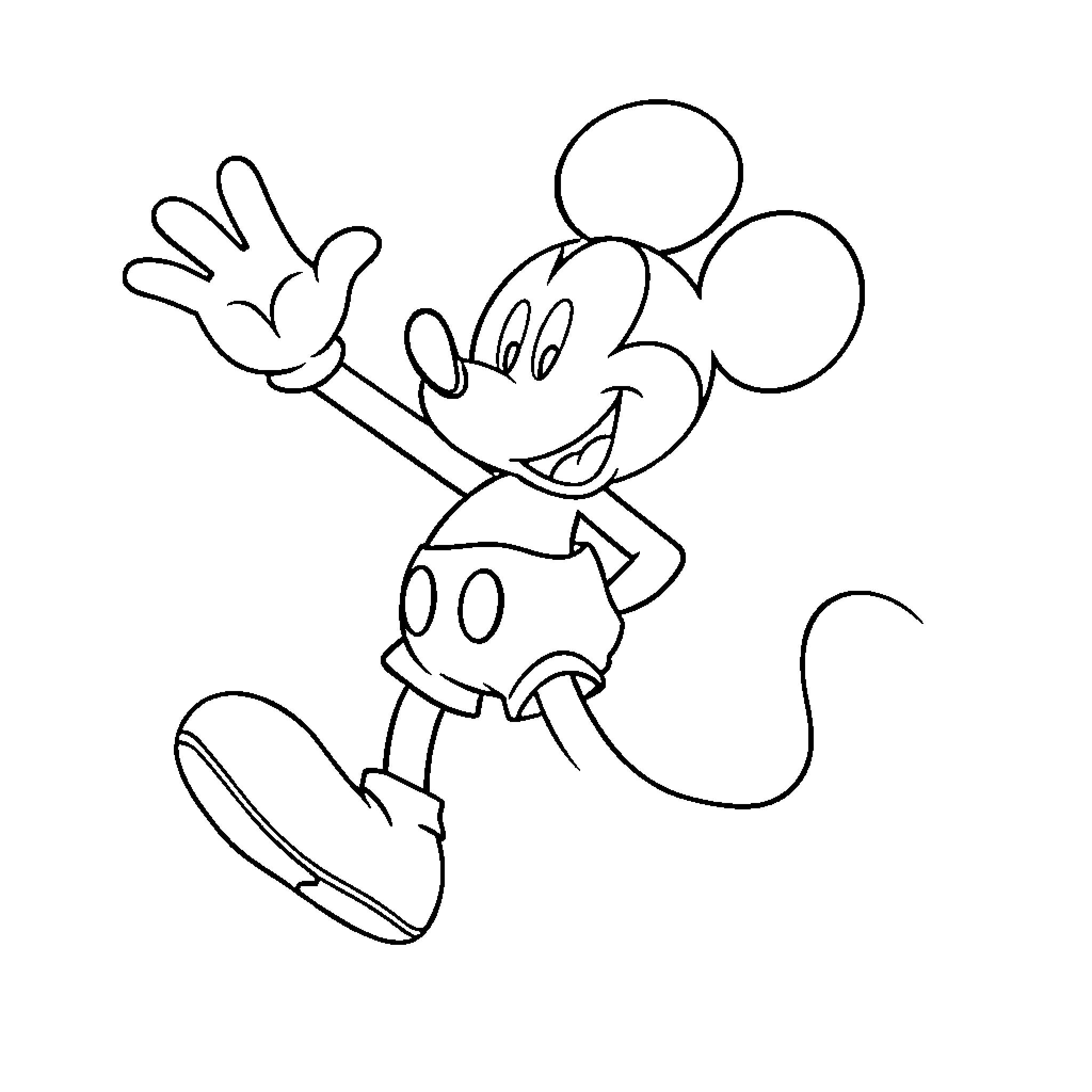 Mickey Mouse waving cheerfully Coloring Page (free black-and-white line drawing printable PDF for all, from beginners to advanced learners, including children, teens, adults, and seniors)