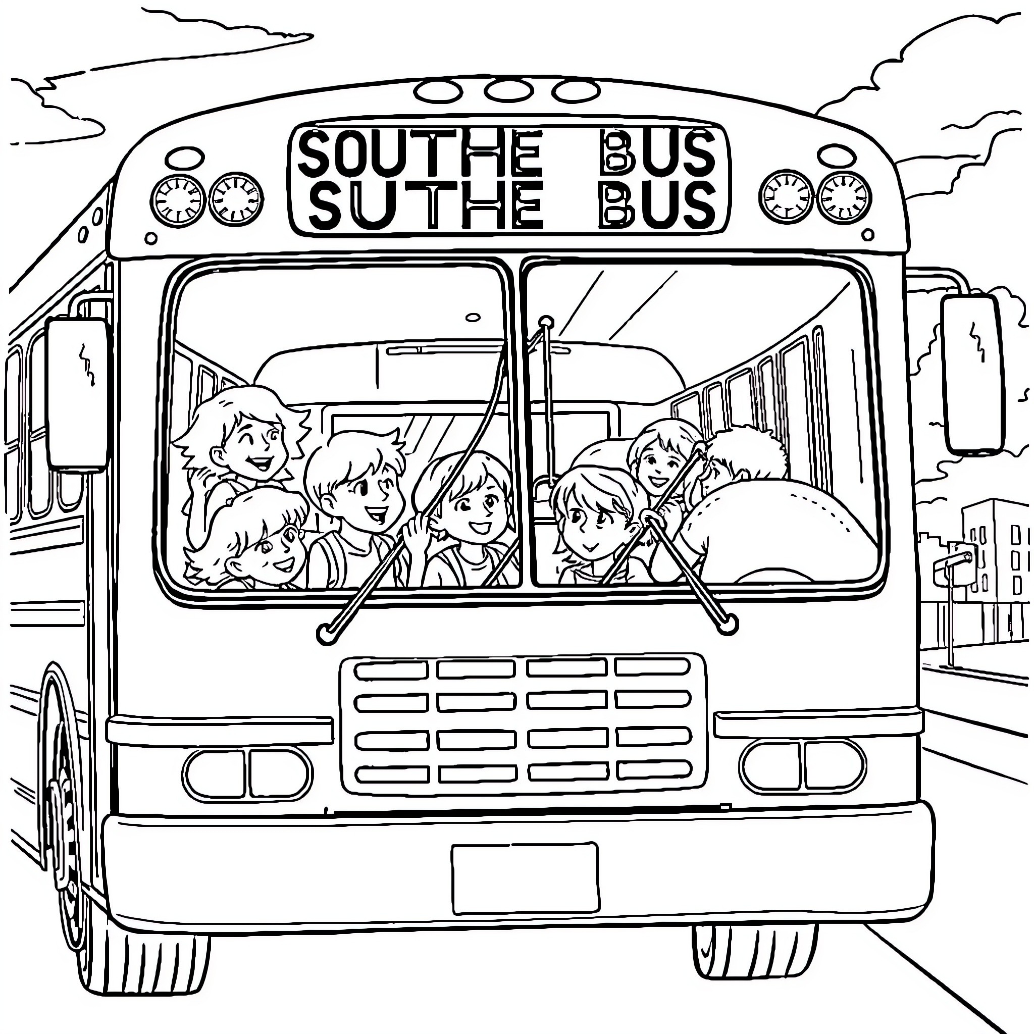 Bus full of cheerful passengers Coloring Page (free black-and-white line drawing printable PDF for all, from beginners to advanced learners, including children, teens, adults, and seniors)