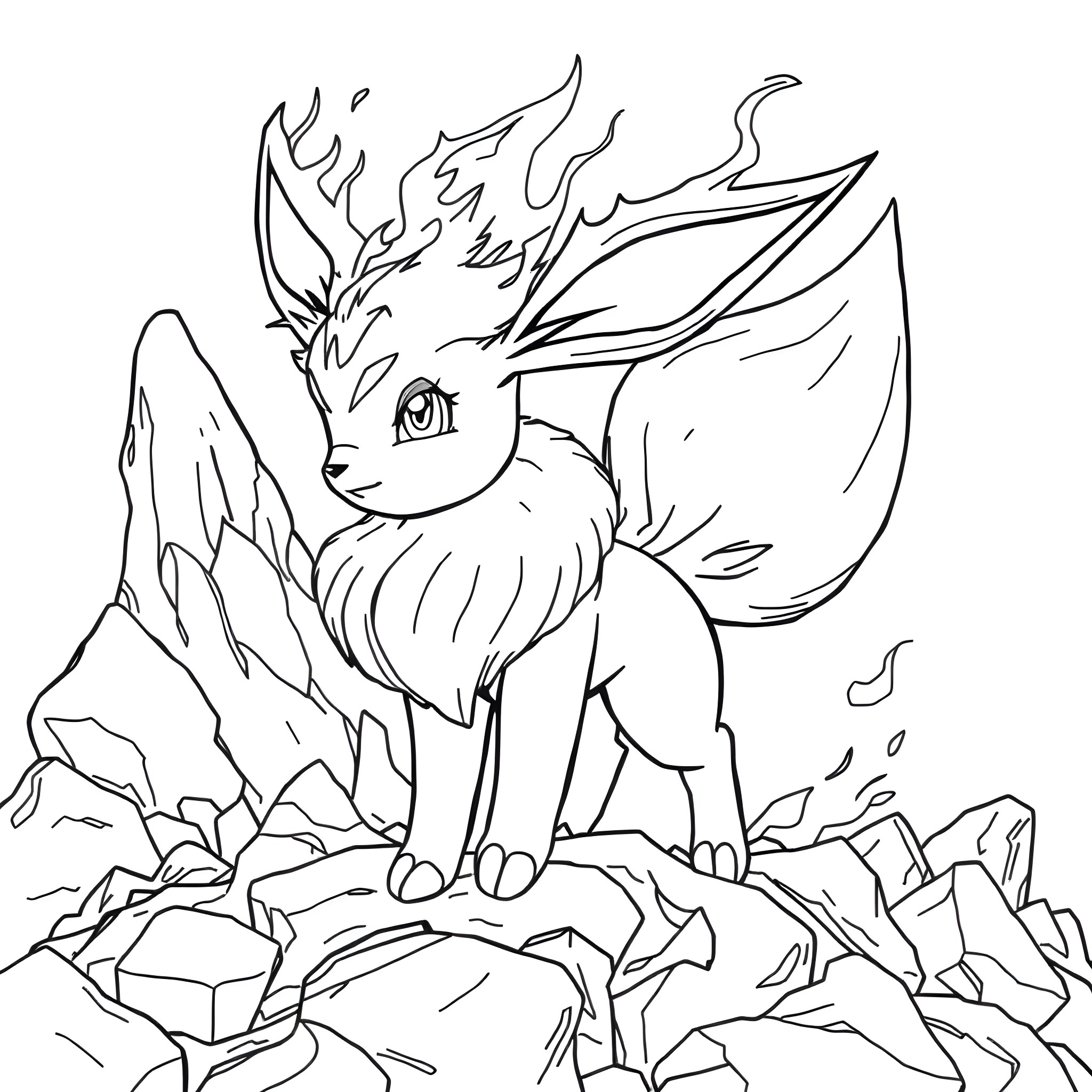 Eevee in a Majestic Pose Coloring Page (free black-and-white line drawing printable PDF for all, from beginners to advanced learners, including children, teens, adults, and seniors)