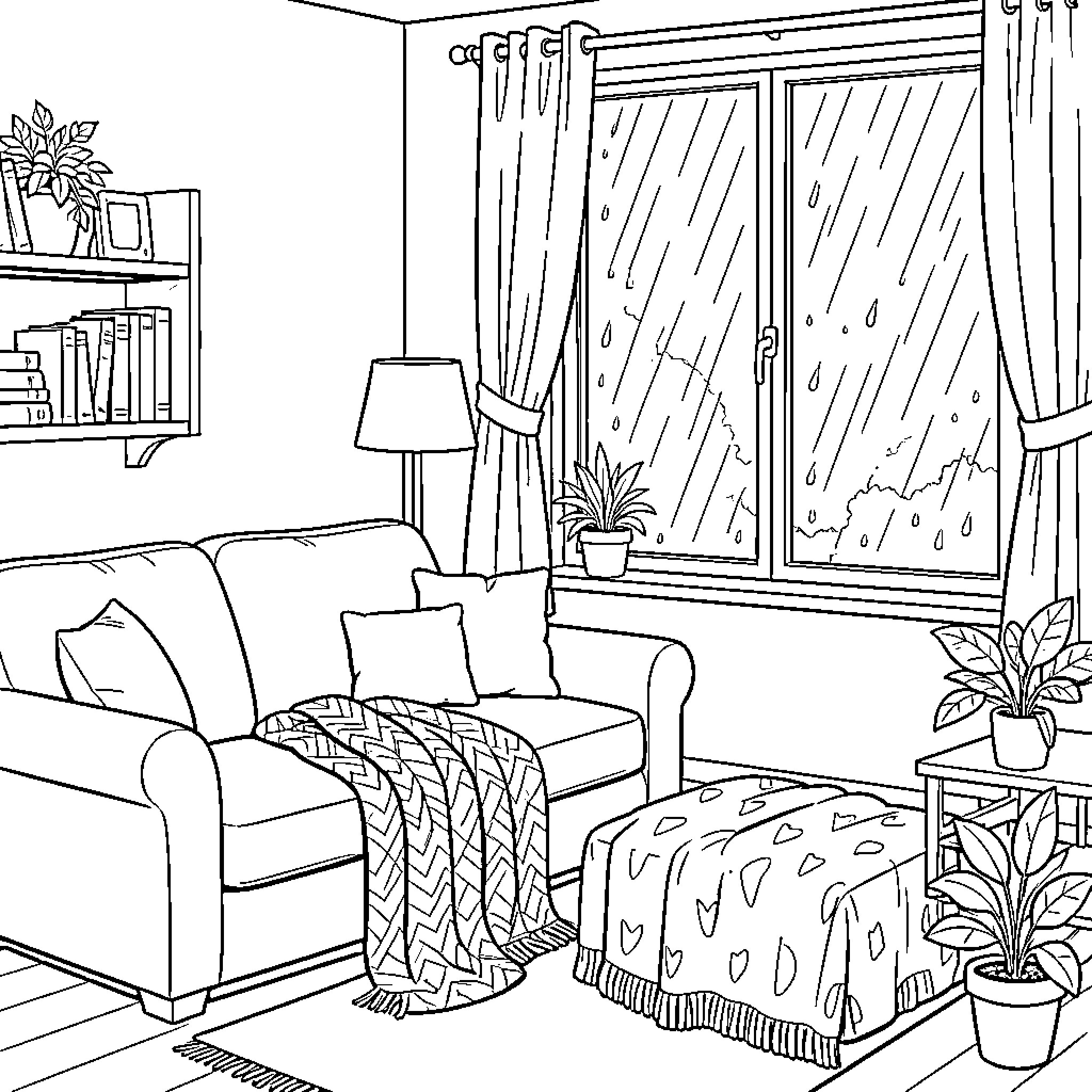 Habitación con sofá acogedor y elementos decorativos Coloring Page (free black-and-white line drawing printable PDF for all, from beginners to advanced learners, including children, teens, adults, and seniors)